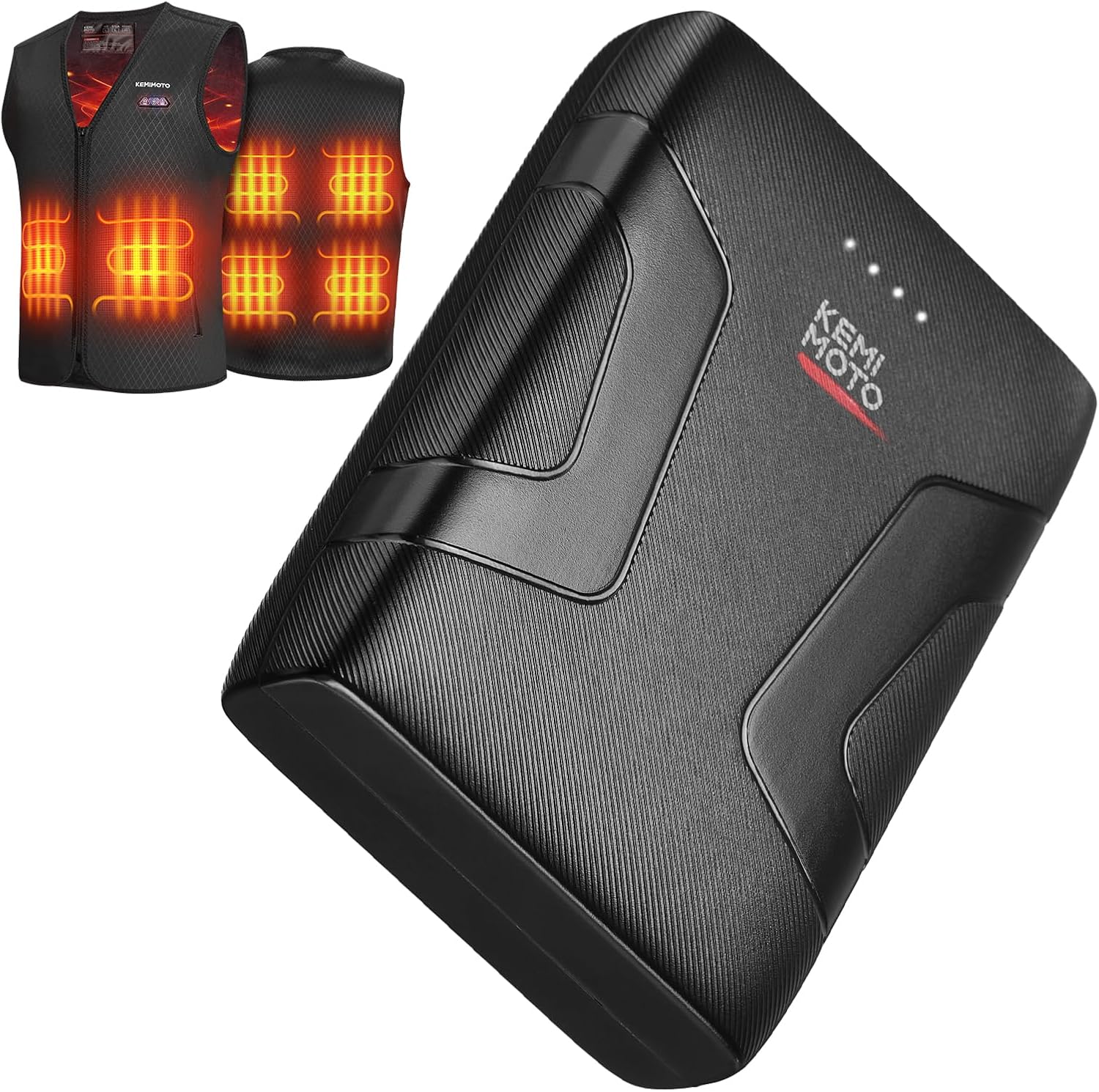 KEMIMOTO 10000mAh Power Bank next to a heated vest, illustrating its primary use.