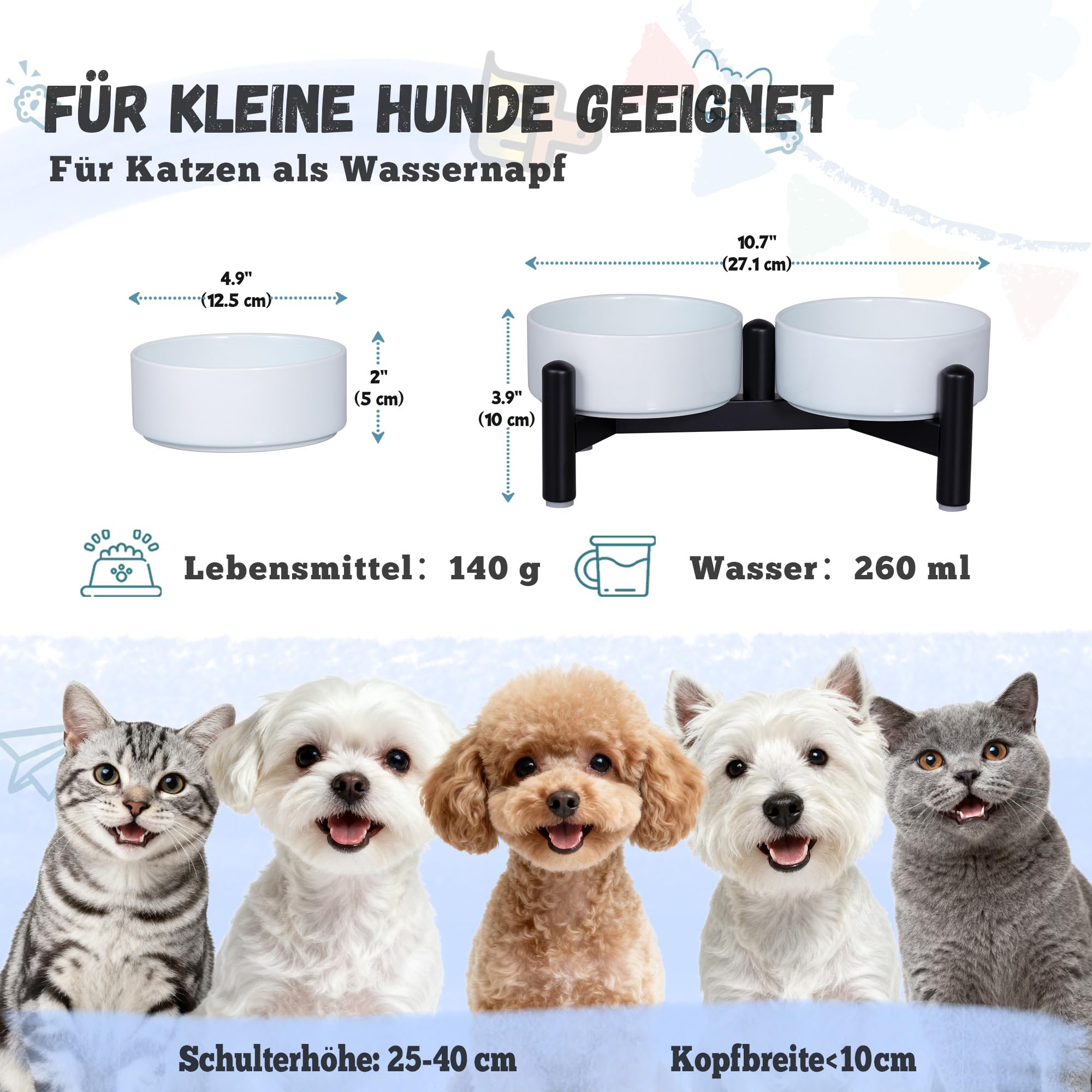 Keramik Hundenapf Erhöht mit Edelstahl-Ständer - Stylisch Doppelnapf Futterstation für Katzen und Kleine Hunde - rutschfest Hund Napf Set für Futter und Wasser - 140g / 260ml - Höhe 10cm - Blau