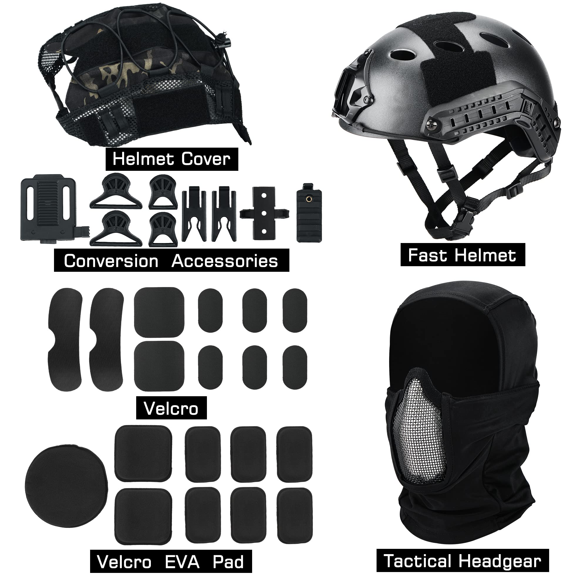 Guayma Airsoft Fast Helmet with Cover Half Mesh Mask Headgear PJ Type Tactical Multifunctional Protective NVG Mount for Paintball Military CS Game Shooting,Black,Large