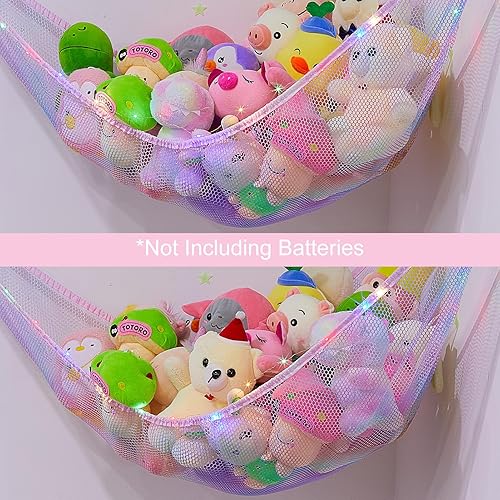 Miniatura 4 de Basumee Red de animales de peluche o hamaca con luz LED, hamaca de red de juguetes para almacenamiento de animales de peluche, hamacas para
