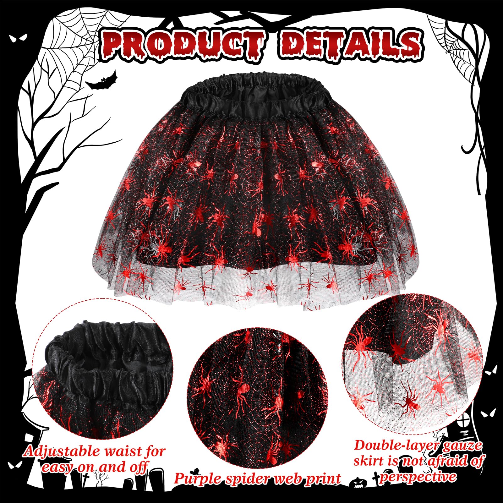 Hifot Spider Costume for Kids - Spider Wings Tutu Skirt, Spiderweb Headband Set - Girls Halloween Costume & Cosplay Party - Image 4