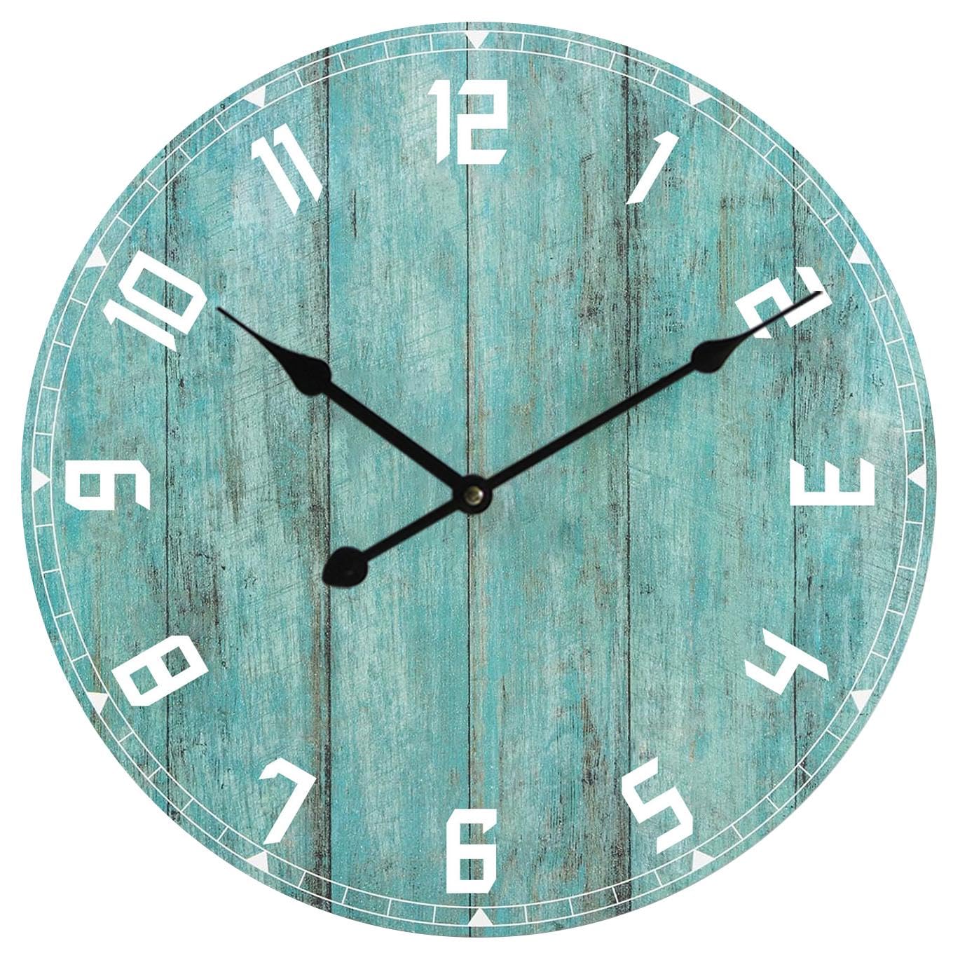 Horloge murale en bois bleu sarcelle de 61 cm de salon et cuisine sans tic-tac