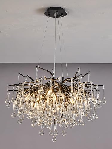 Miniatura 174 de Candelabro moderno de ramas de árbol de cristal, color negro, 40 pulgadas, Art Deco Rectángulo Lineal con gotas de lluvia para interiores, comedor