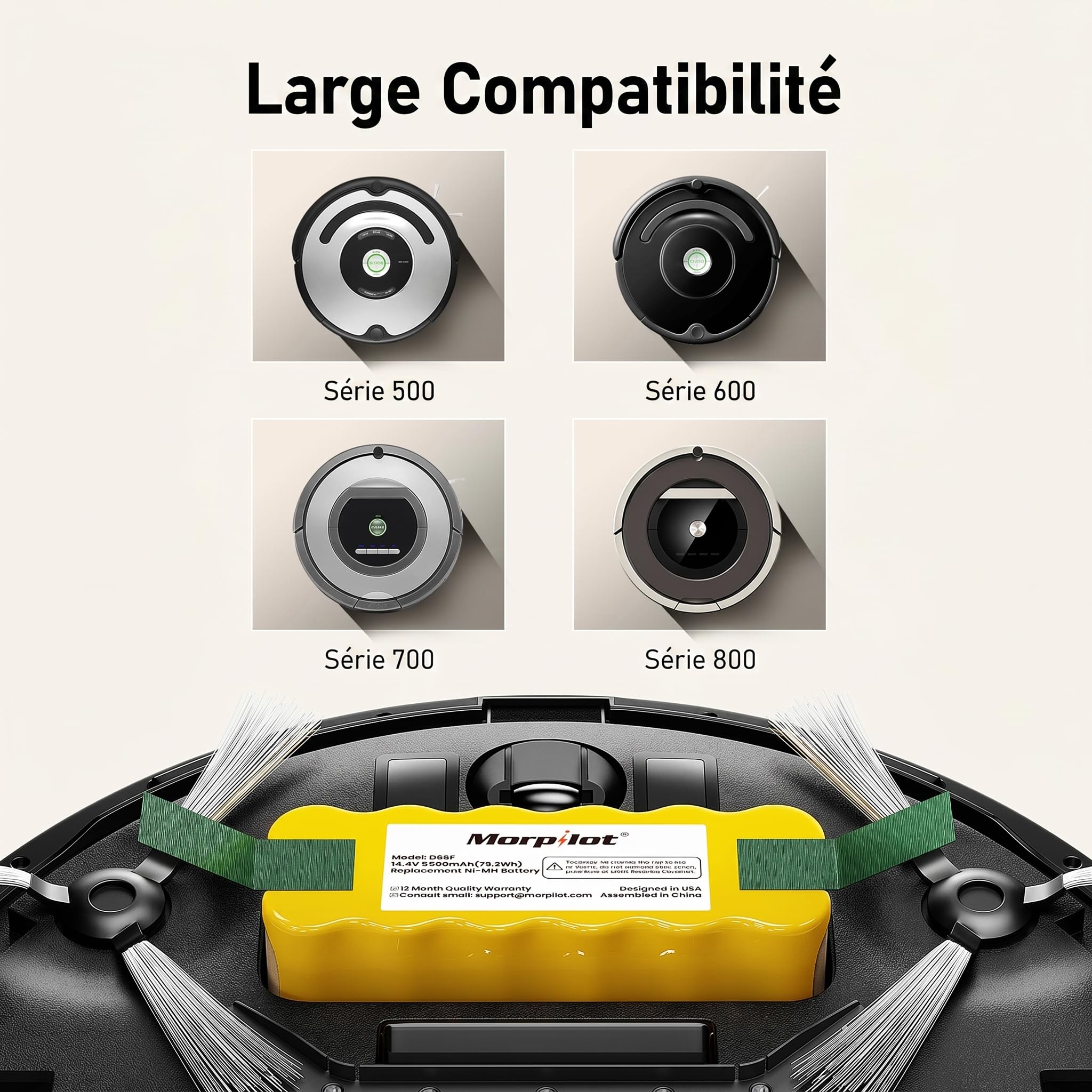 Morpilot 5500mAh Batterie pour iRobot Roomba 500 600 700 800 Séries et R3, Scooba 450 Aspirateur, 14.4V Ni-MH, avec 2 Brosses Latérales