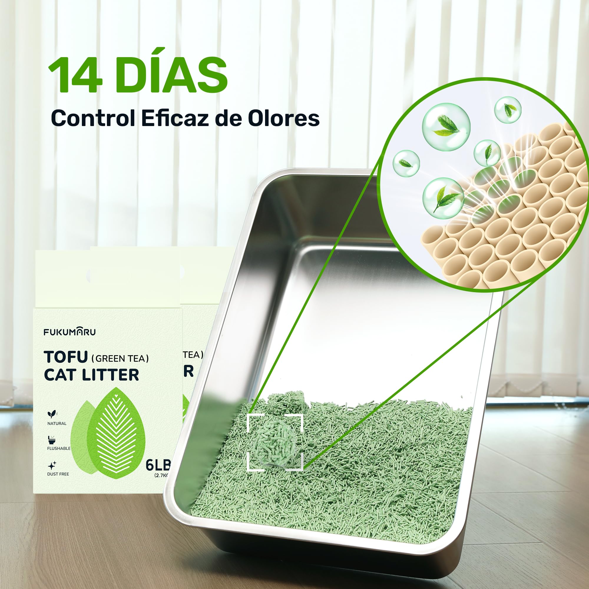 FUKUMARU Arena de Tofu para Gatos 10.8kg - Arena Aglomerante, Control de Olores, Aroma de Té Verde, Sin Polvo