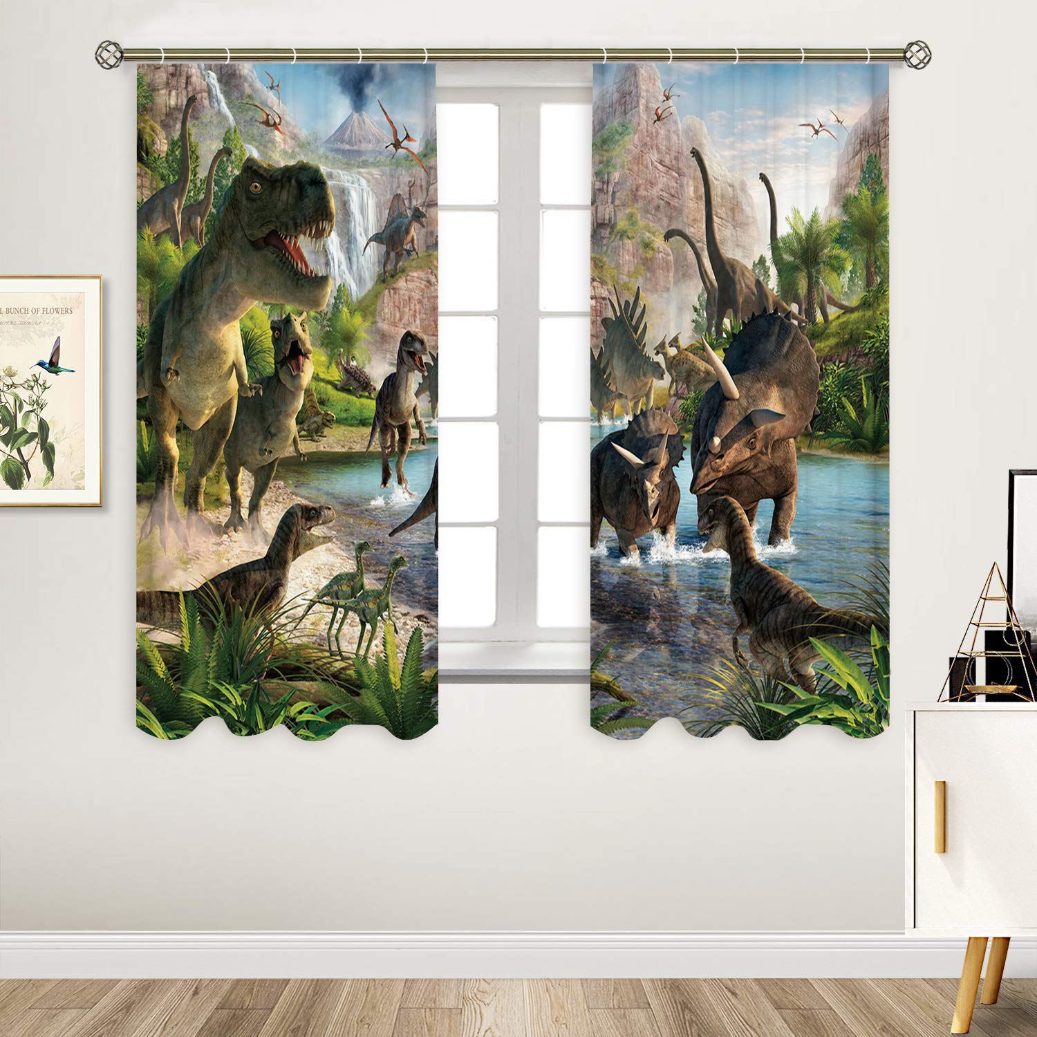Cortinas para dormitorio de niños, cortinas de ventana de dinosaurio para niños y niñas, sala de estar, 3D, naturaleza jurásica, bonita decoración de habitación, 2 paneles de 27.5 pulgadas de