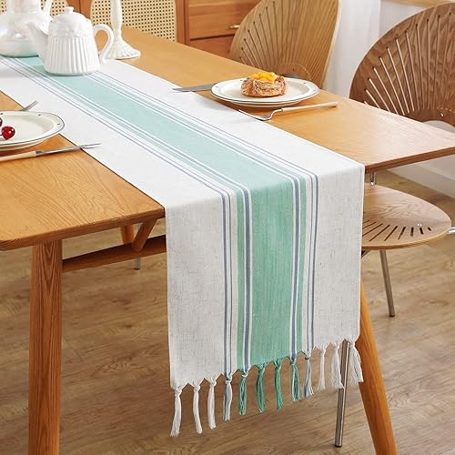 Miniatura 2 de Chassic Camino de mesa de lino estilo granja, camino de mesa a rayas lavables de campo francés, 108 pulgadas de largo para decoración de comedor,