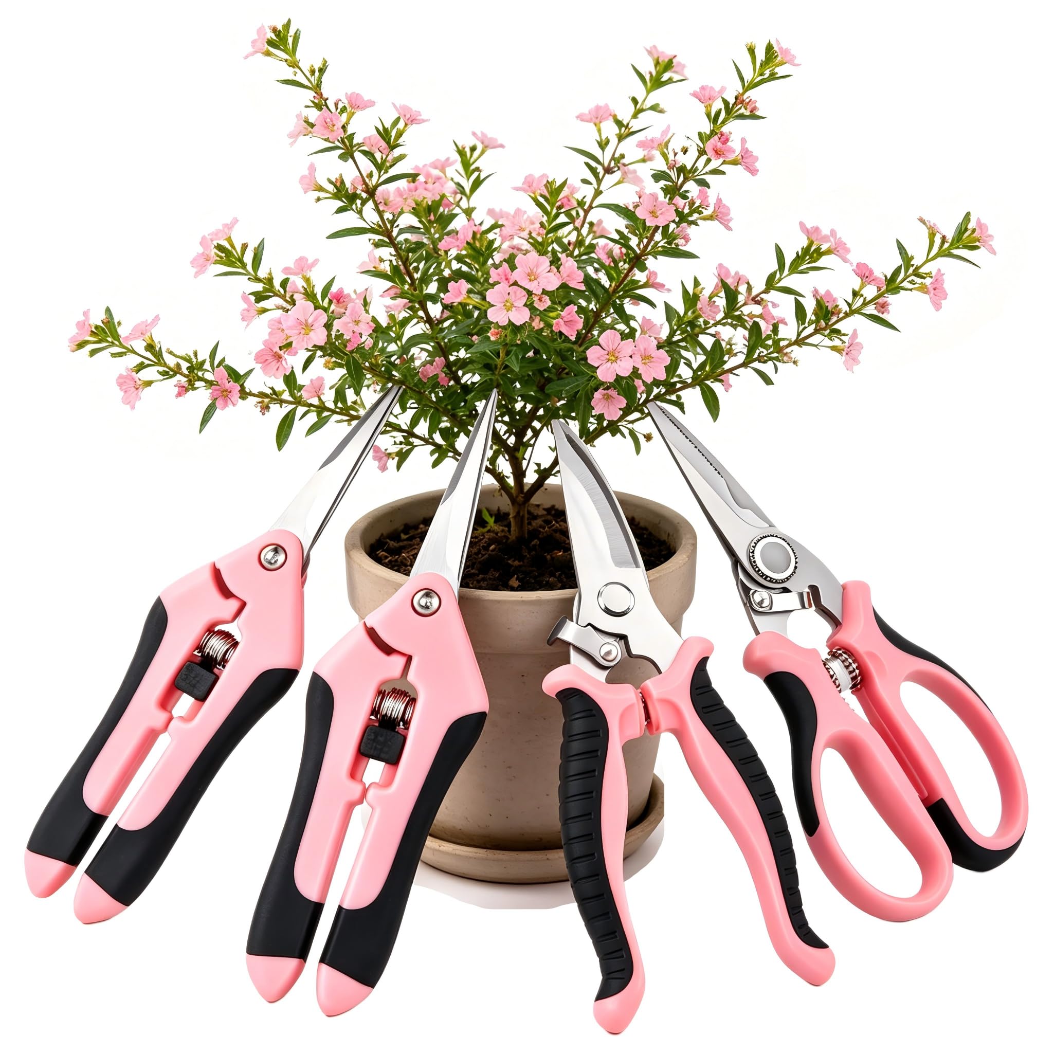 Set de 4 Tijeras de Jardinería, Tijeras de Podar de Acero Inoxidable para Rosas y Flores, Tijeras Bypass Ergonómicas con Bloqueo de Seguridad, para Ramas, Setos, Bonsáis, Plantas