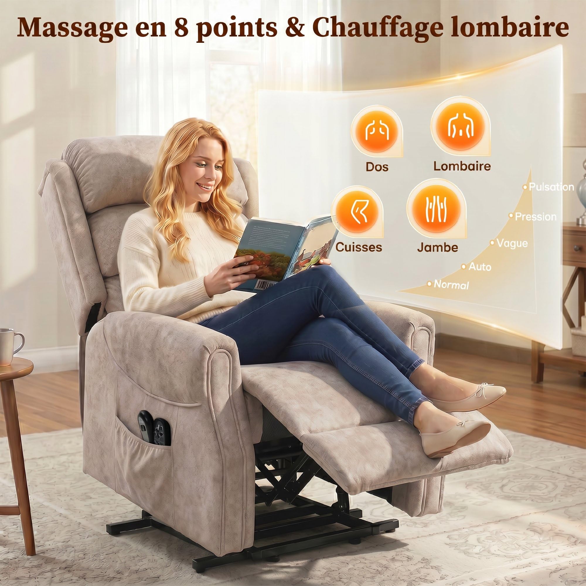 HOMCOM Poltrona sollevatore elettrico massaggio vibrazione e calore poltrona relax elettrica velluto schienale reclinabile cuscino a molle tasche laterali telecomando poggiapiedi facile montaggio