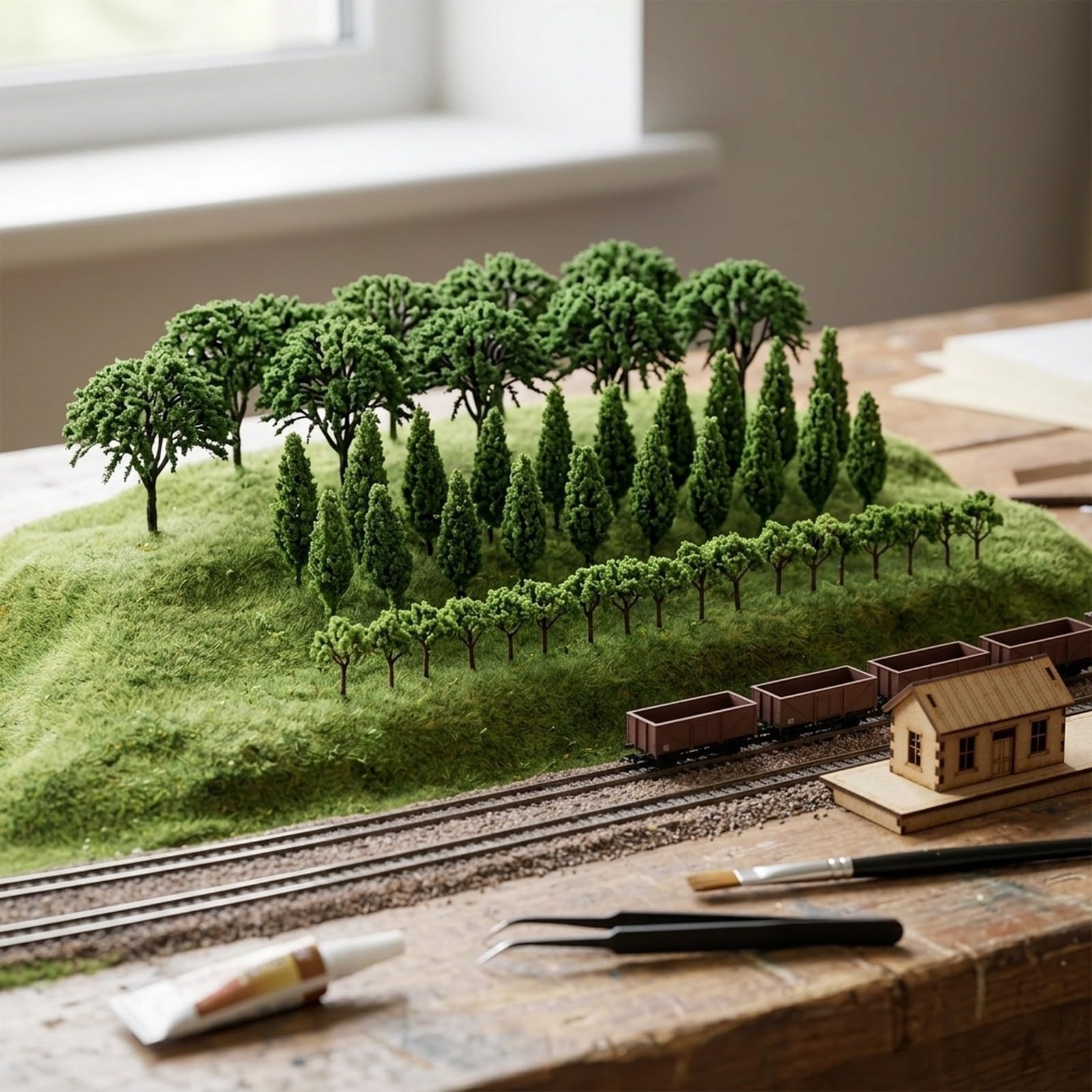 Miniaturowe drzewka do modelu kolejki, realistyczne szczegóły (A)