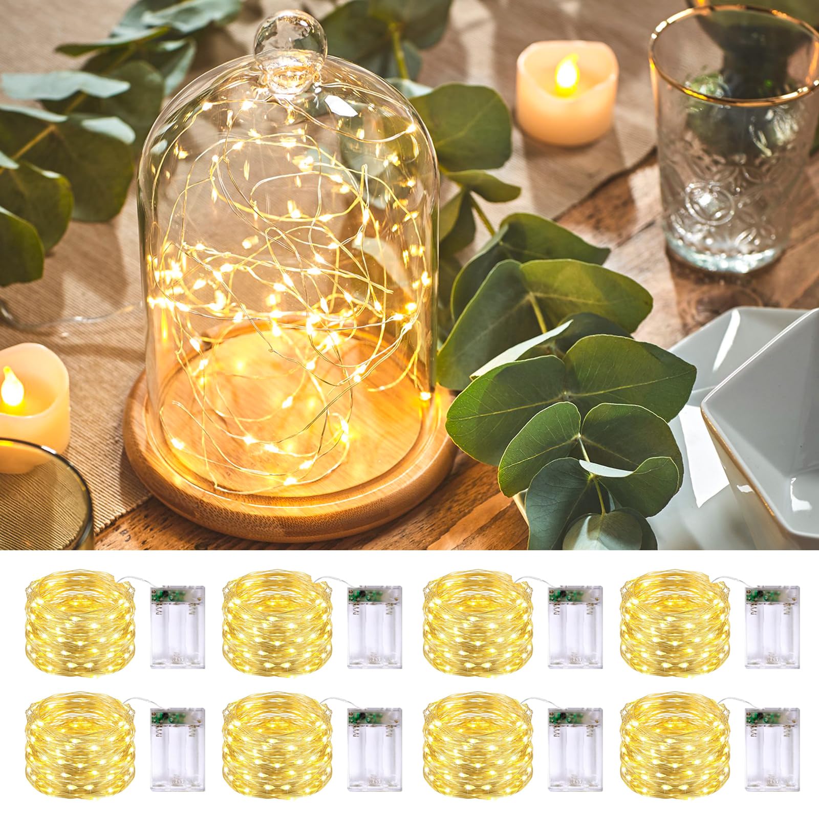 Paquete de 8 luces LED de hadas de 50 luces LED que funcionan con pilas, luces de hadas de Navidad de 16 pies, color blanco cálido, para interiores y exteriores, impermeables, para luces de hadas para