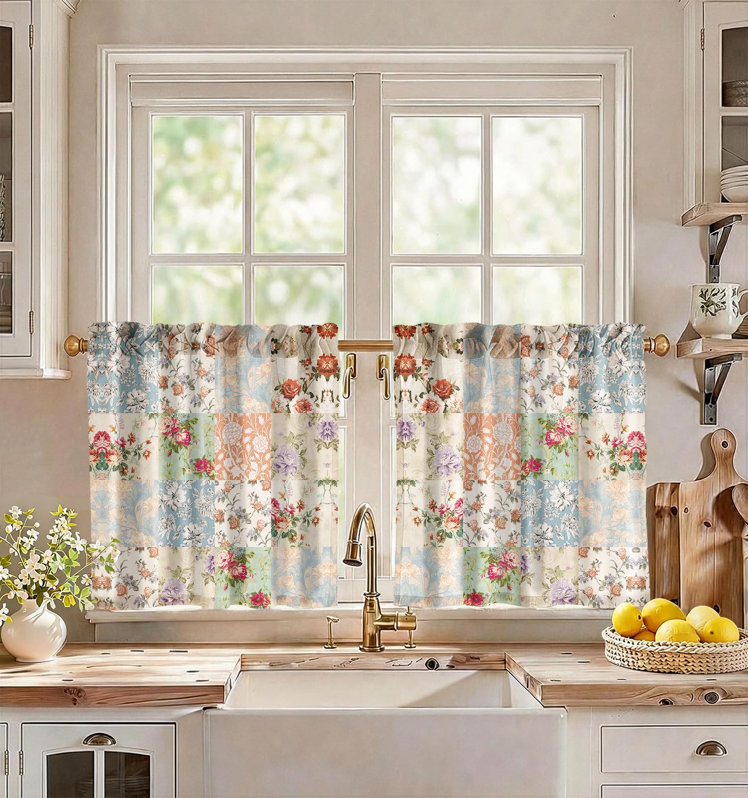 Miss Adola Boho Kitchen Tier Curtains, 24 Inch Length, Vintage Patchwork