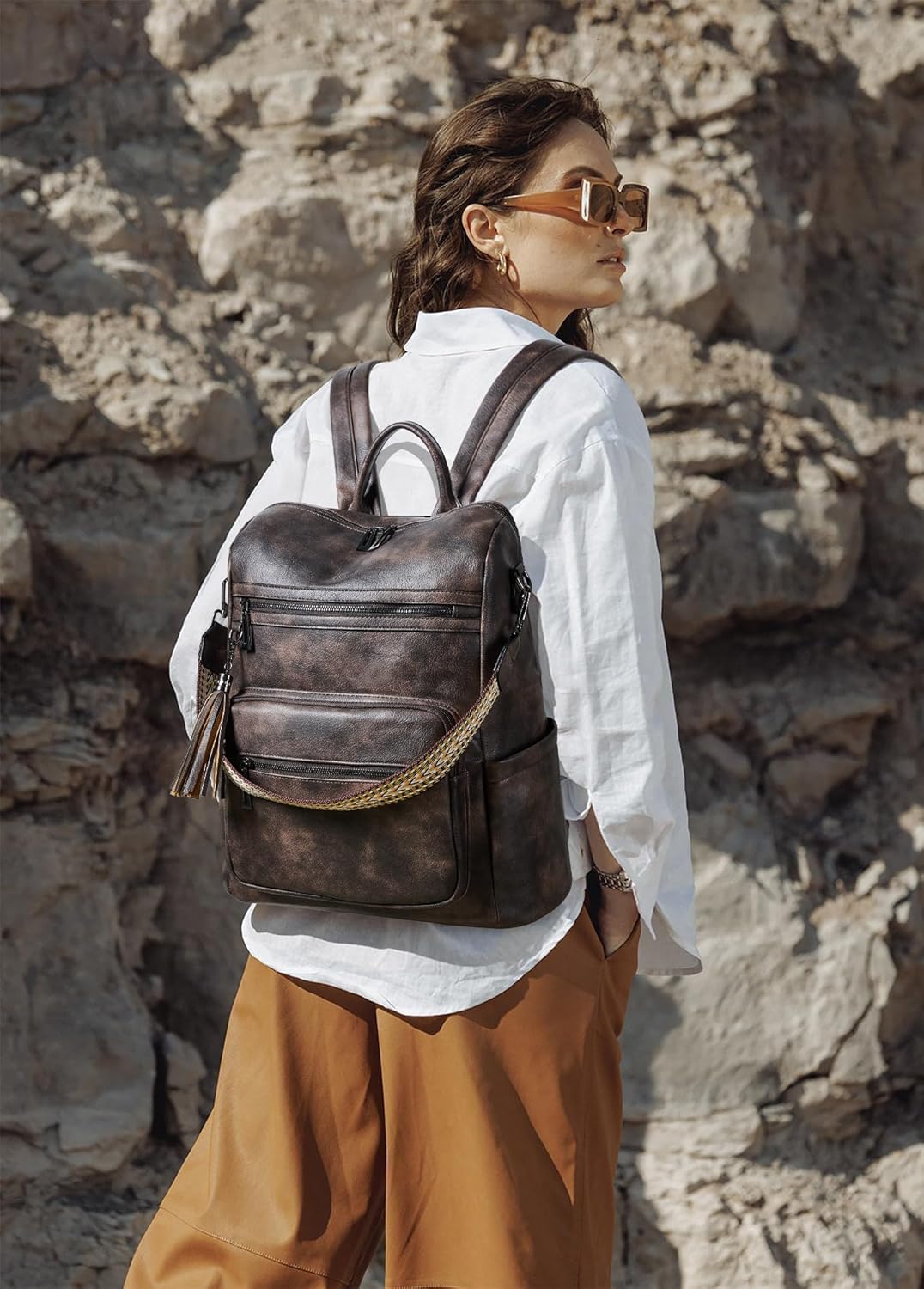 Shrrie 15.6 inch Laptop Backpack for Women,Large Leather Backpack Purse,Travel,Carry on,Water Resistant Casual Laptop Backpacks,College Backpack,Work Backpack for Women,Two-toned Coffee - Image 2