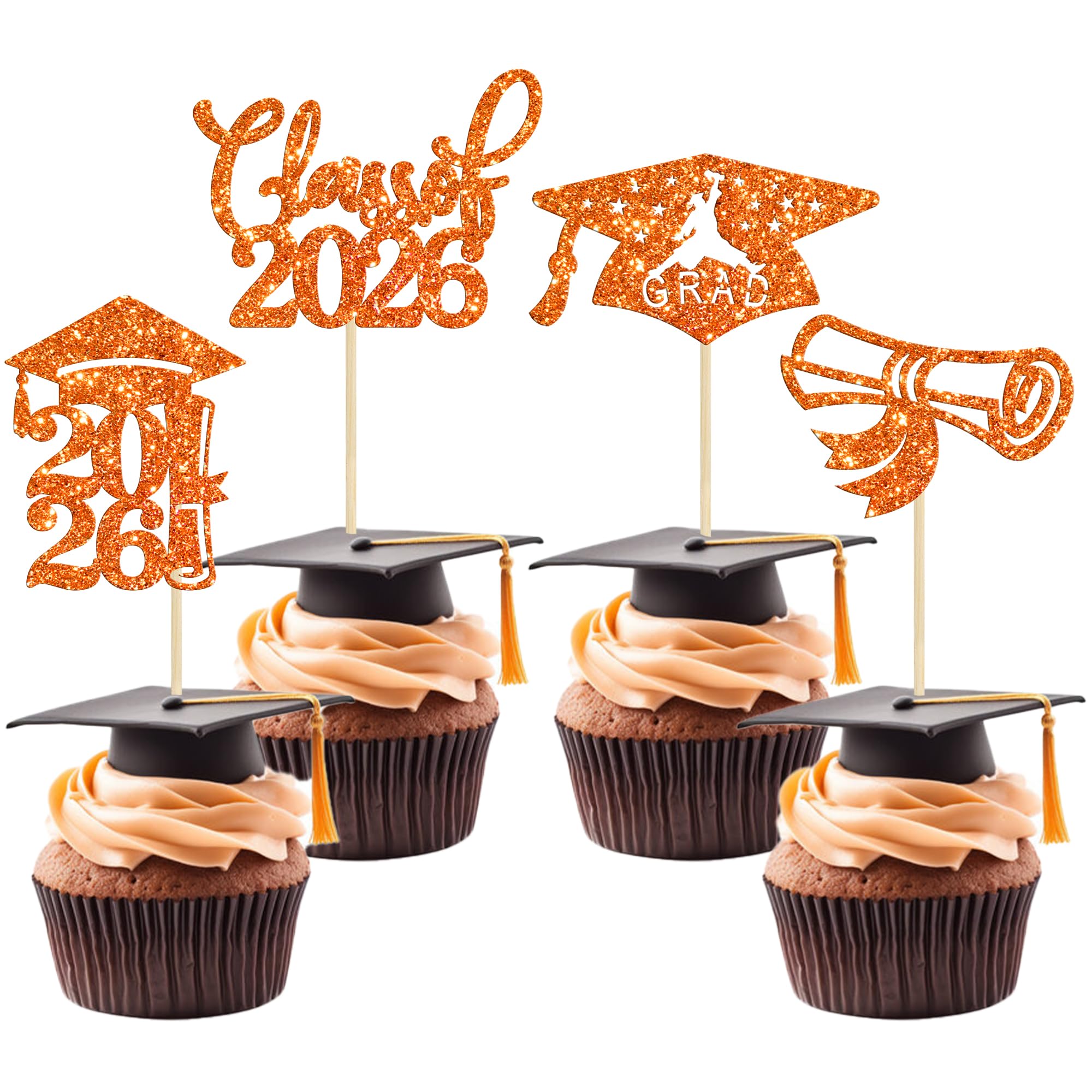 24Pcs 2026 Graduation Cupcake Toppers Glitter Congrats Grad Cap Graduation Cupcake Food Picks 2026 Graduation Cake Decorations for Class of 2026 Graduation Party Supplies Orange