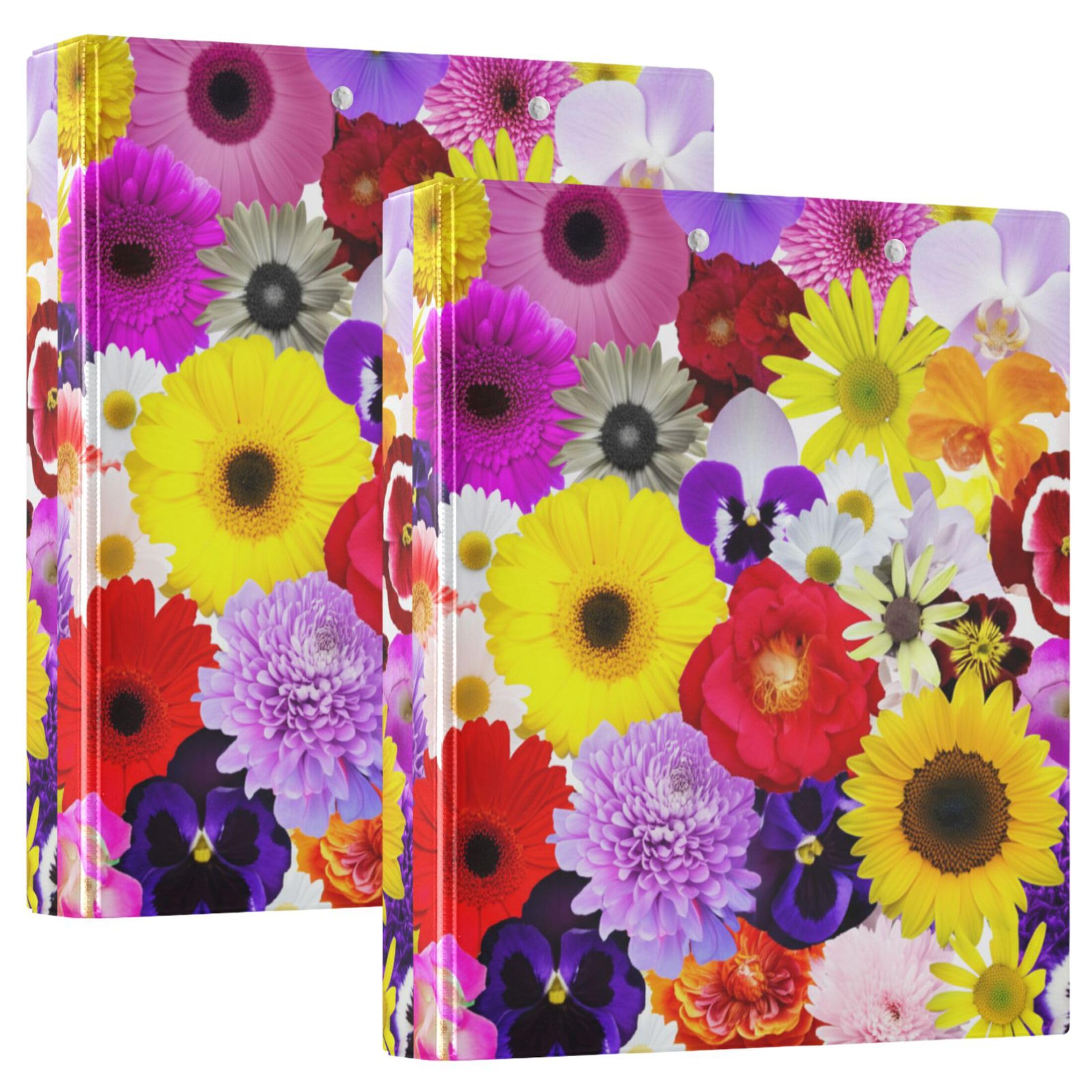 Raccoglitori con fiori colorati e vivaci, 3,8 cm, 3 anelli, 200 fogli, cartellina con anelli rotondi, 31,5 x 27 x 6 cm, confezione da 2