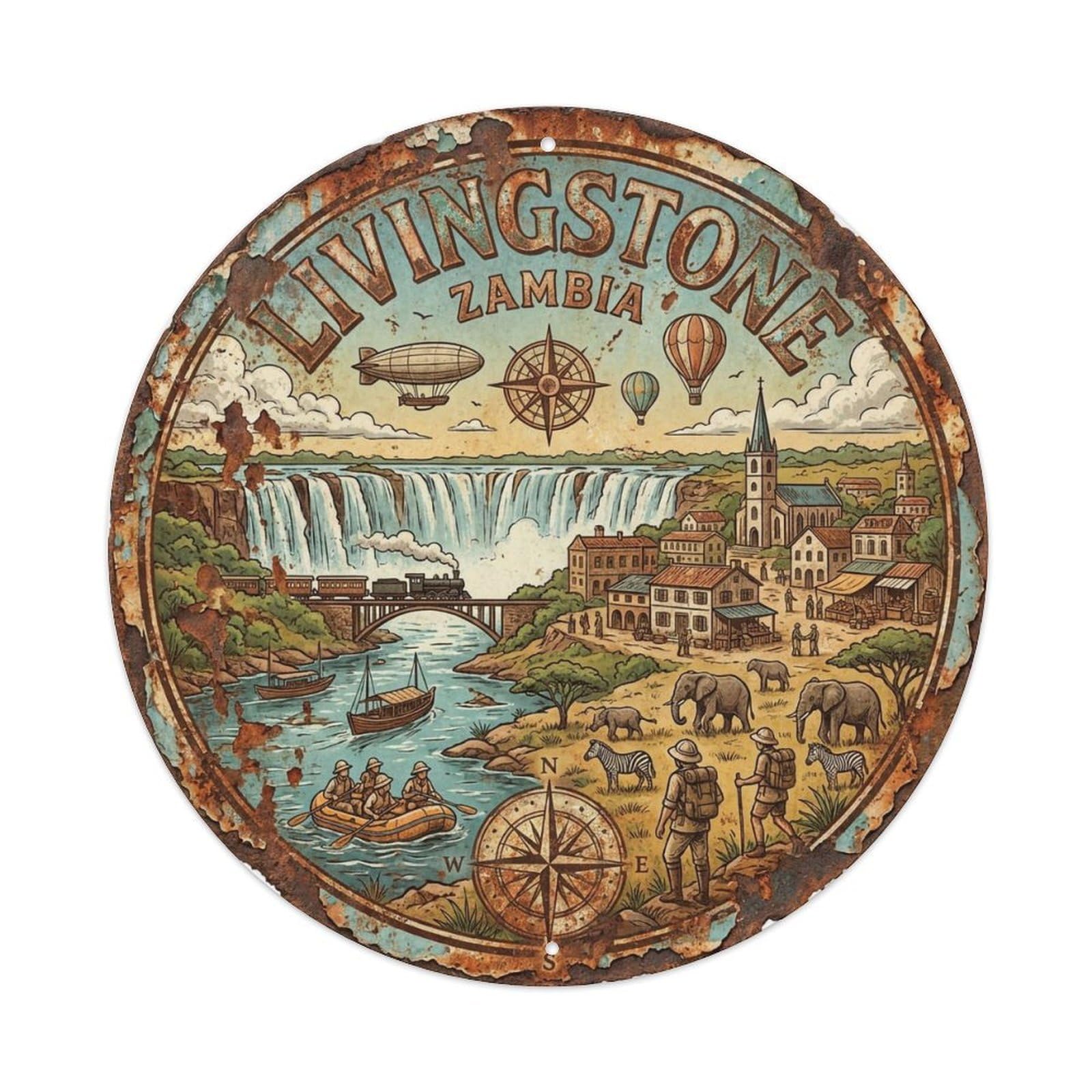 Travel Retro Zambia Livingstone Vintage Metal Tin Sign Plaque Wall Decor for Cafe, Club Bar, Office, Garden Metal Poster 8x8Inch