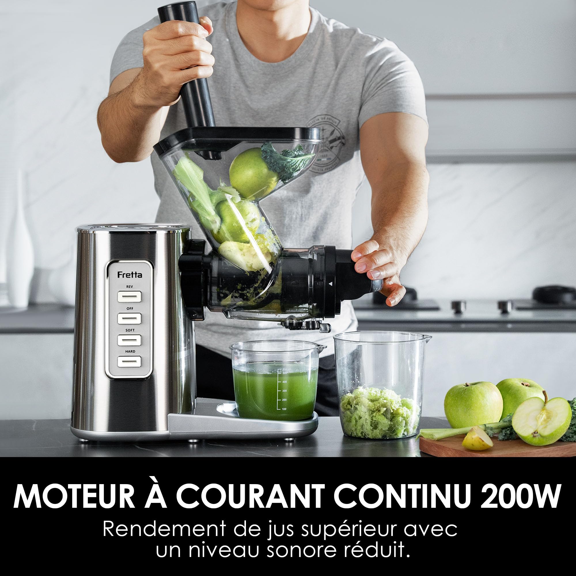 Fretta Extracteur de Jus à Pression à Froid, Goulotte 76 mm, Presse-agrumes sans BPA, Acier Inoxydable
