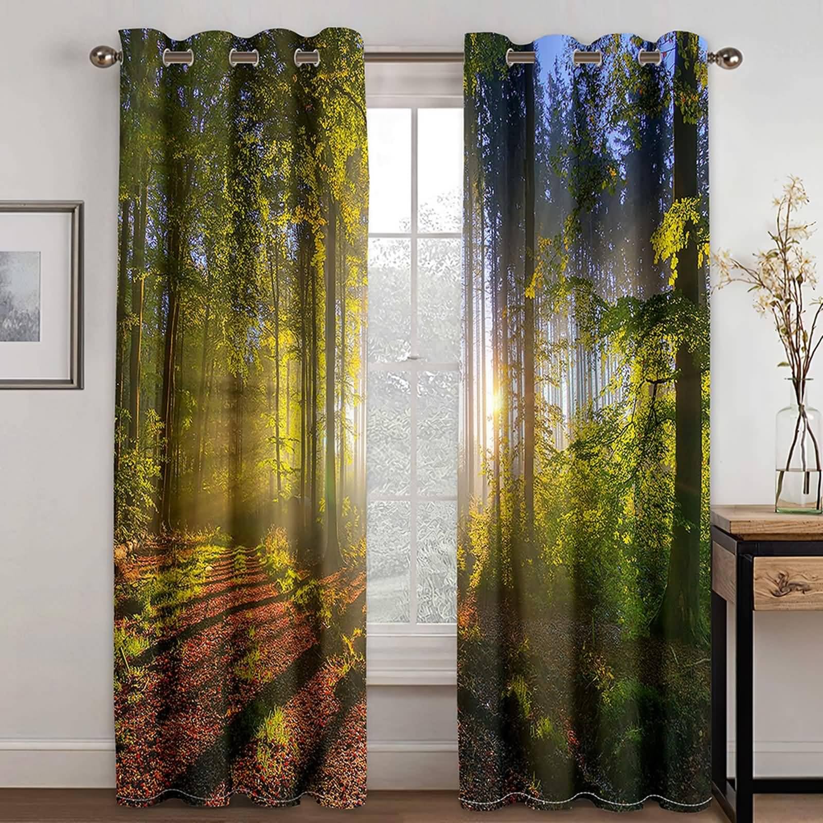Fenstervorhänge Modern, 107x160cm Grün Sonnenschein-Waldlandschaft Schlafzimmer Gardinen und Vorhang Kälteschutz & Wärmeisolierend