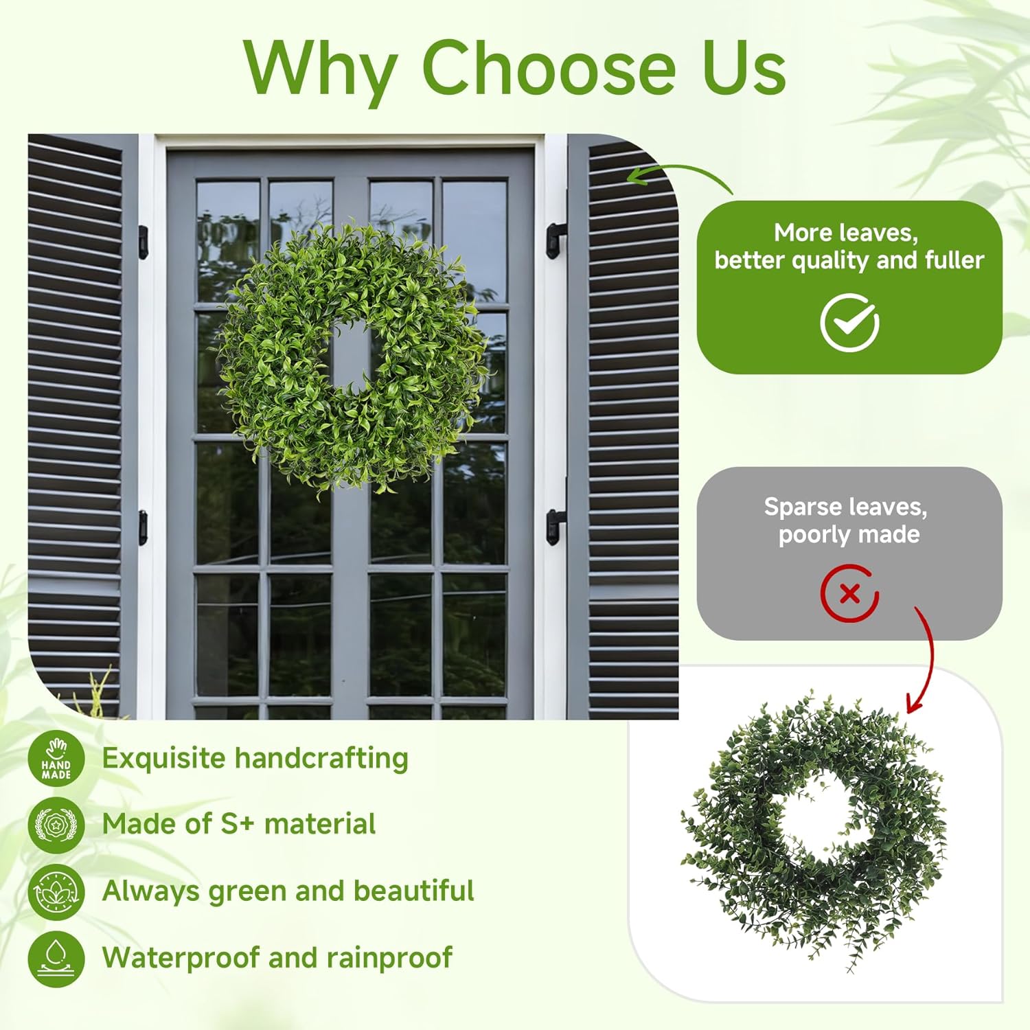 Vlorart 20 Inch Boxwood Wreath, Handmade Green Wreath for Front Door, Full & Lush Boxwood Wreaths for Front Door Year Round, Waterproof Spring Summer Greenery Wreaths for Outdoor Indoor Decor - Image 3