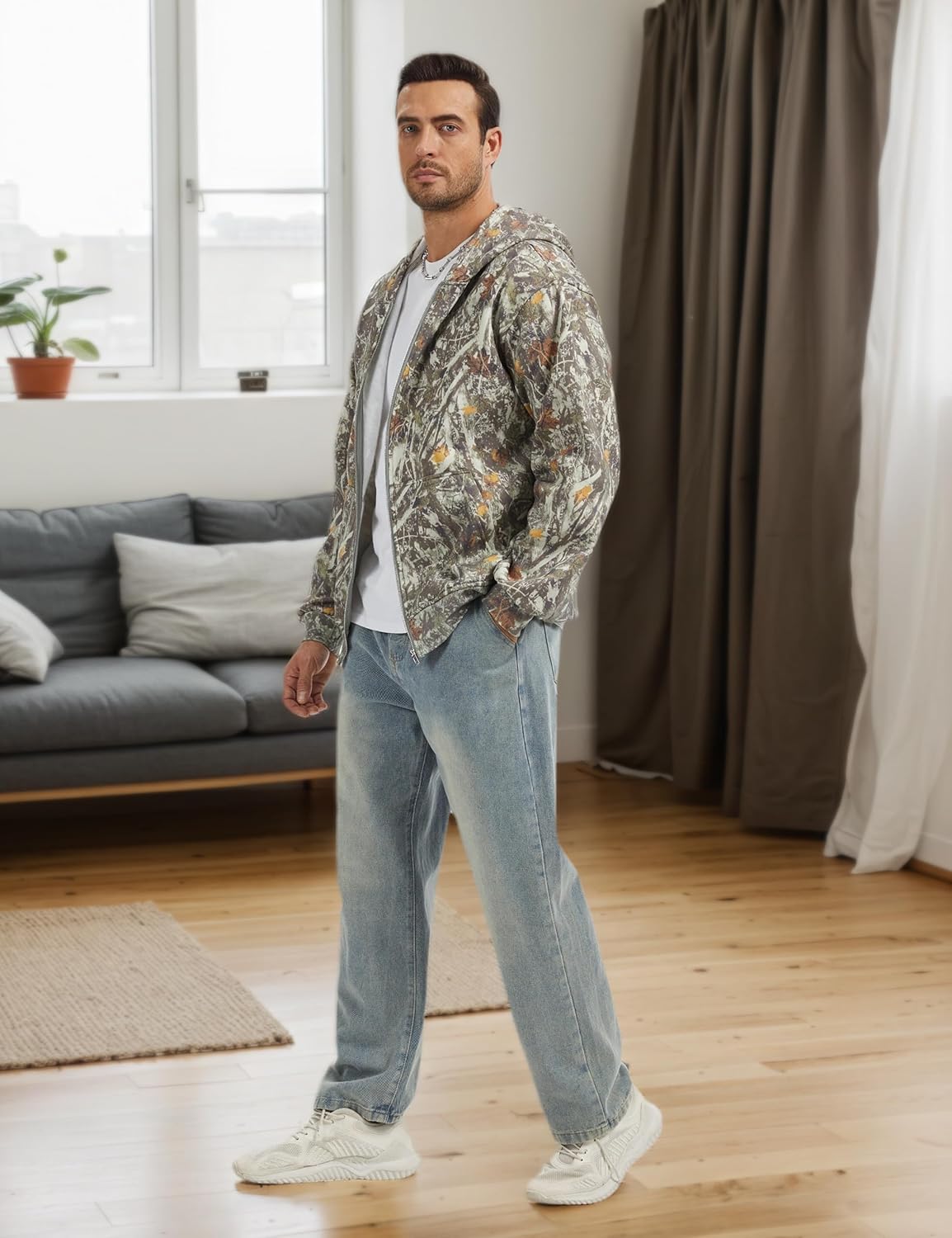 Camo Zip up Hoodie Men Full-Zip Fleece Hoodies Oversized Hooded Sweatshirts Maple Leaf Print Long Sleeve Sweatshirt - Image 5