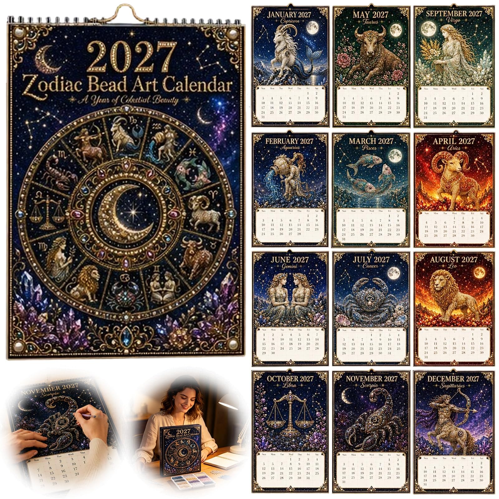 RestfulLux 2027 Twelve Zodiac Bead Art Calendar Kit, DIY Faux Diamond Painting Wall Hanging Calendar, Beginner-Friendly Complete Bead Art