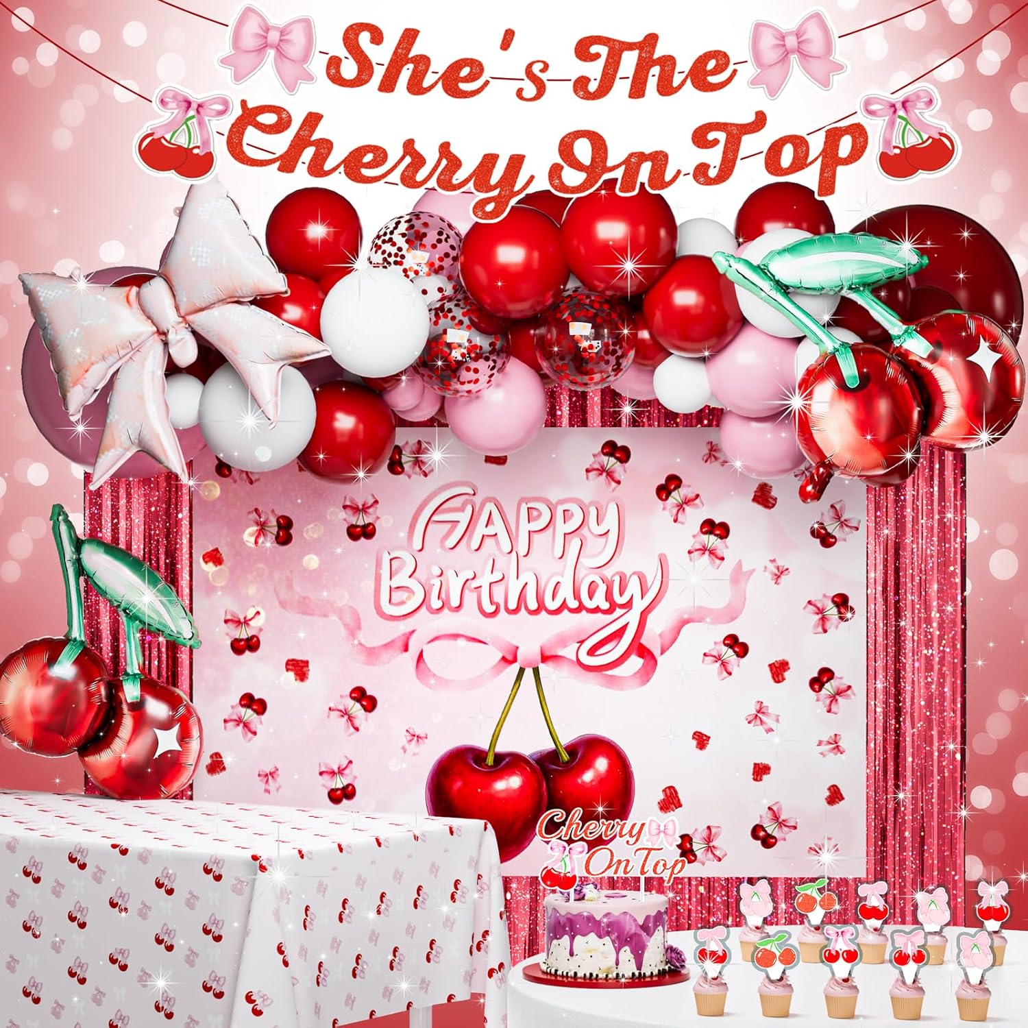 Cherry and Bow Coquette Birthday Decorations Sweet Elegant Party Set with Banner Backdrop Foil Balloons Table Cloth Fringe Curtain Hanging Swirls Cake Topper, Baby Shower Decor Supplies