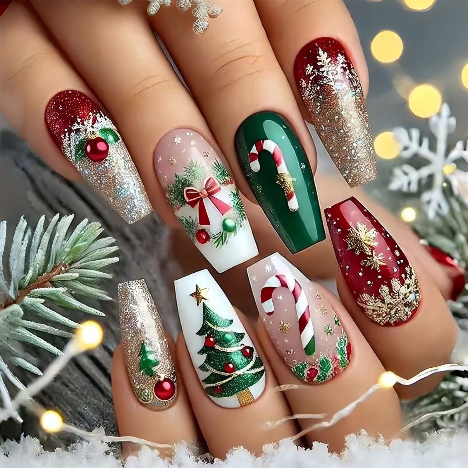 Christmas Medium Coffin Press on Nails Glitter Red Green White French Tip Fake Nails Xmas Trees Jingle Bell Snowflakes Designs Full Cover Falas Manicure for Women Winter Manicure