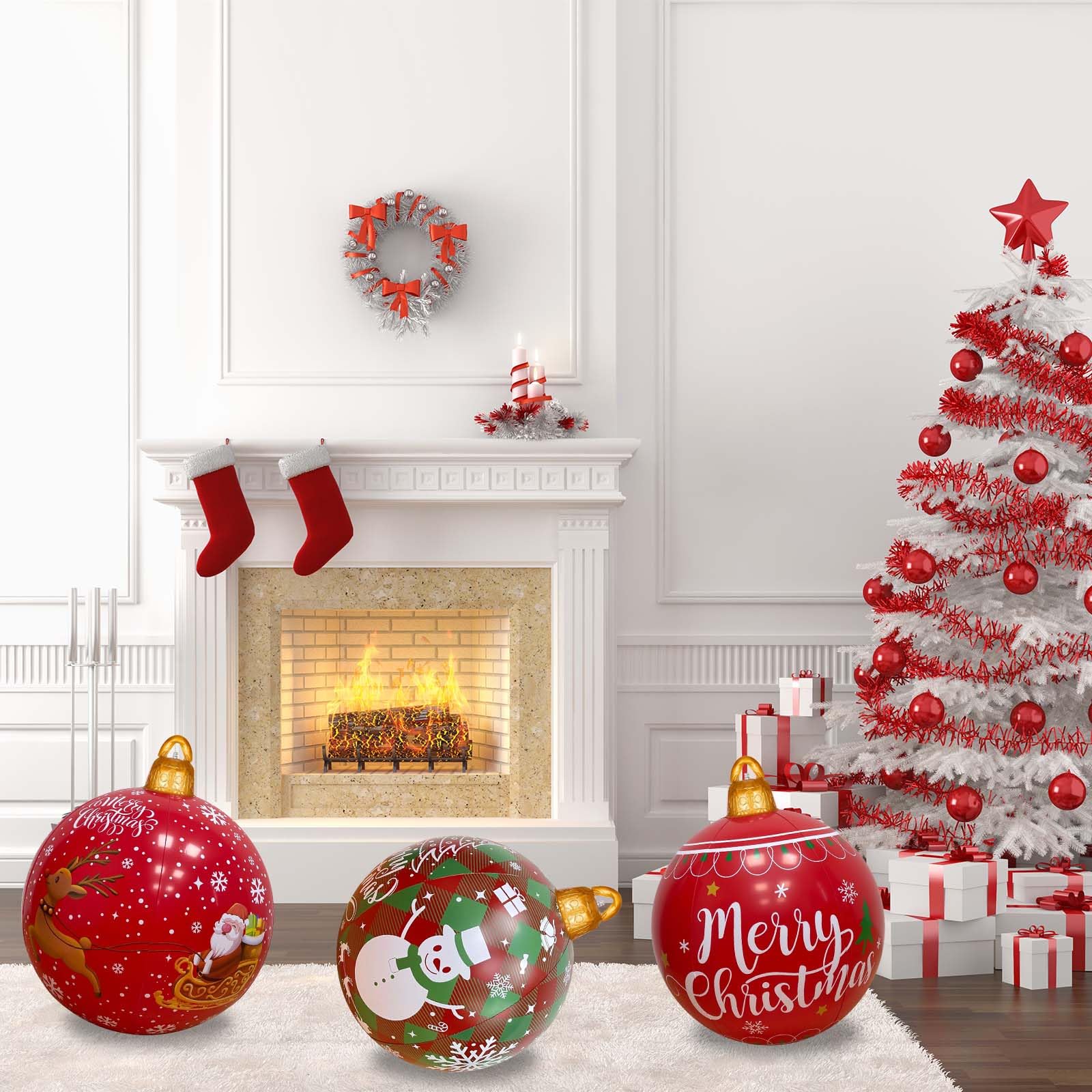 3 Piezas 60CM Bolas Navideñas Inflables Grandes, Decoración Gigante para Jardín, Patio y Exterior