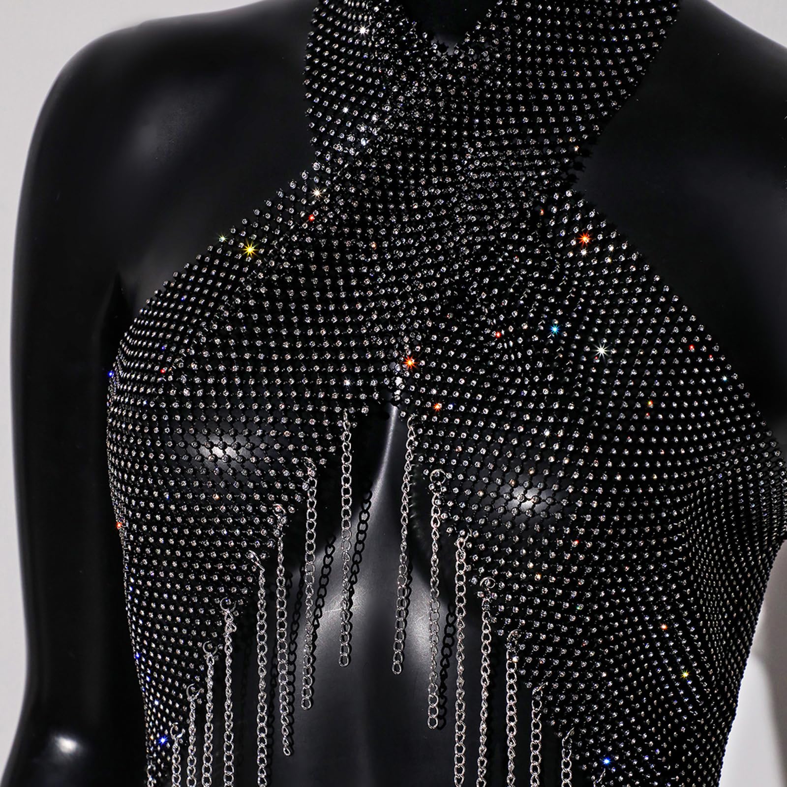 Sexy Sheer Crop Top pour Femmes Strass Halter Sans Manches Tassel Glitter Rave Party Clubwear