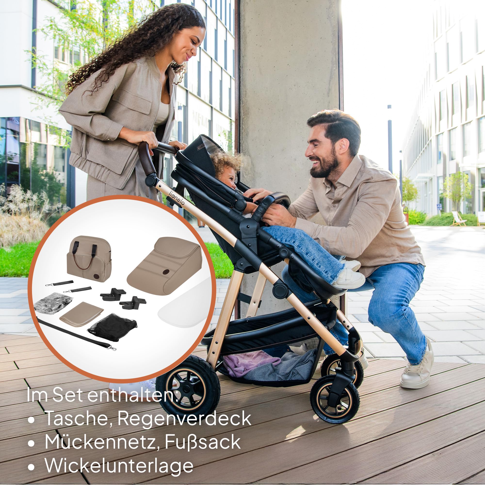 LIONELO Amber 3-in-1 Kombikinderwagen Babywanne Sportsitz i-Size Autositz 40-87 cm Luftreifen wendbar XXL-Dach UPF 50+