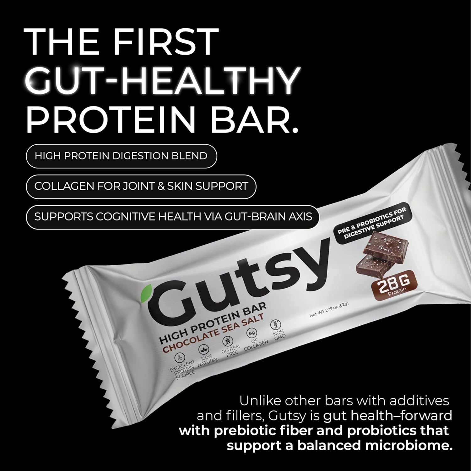 Gutsy High Protein Bars | 28g of Whey Protein 1g of Sugar | All Natural Protein Bars with Prebiotics and Probiotics | Healthy Snacks for Adults & Gluten Free Snacks | 4-Pack Chocolate Sea Salt