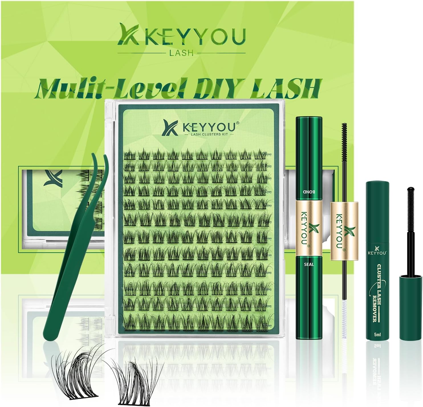 KEYYOU Lash Extension Kit 3D Effect Volume Lash Clusters Kit 120pcs D Curl Waterproof Kit DIY Eyelash Extension Kit with Bond and Seal Lashes Glue Remover Applicators (Kit-PuffSilk V3D02-8-18MIX)