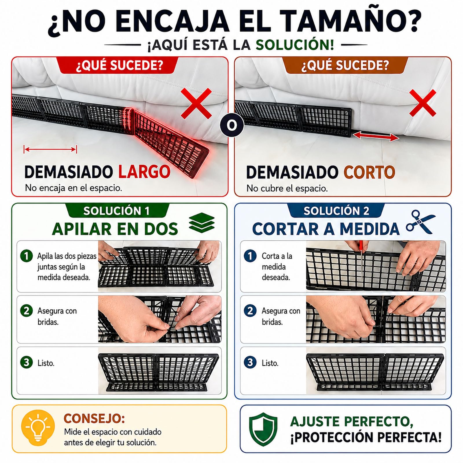 12 Piezas Bloqueador de Juguetes Debajo Sofa para Mascotas, Ajustable Bloqueador Bajo Cama & Sillón, Barrera Plástica Huecos, Protector Muebles con 20 Bridas
