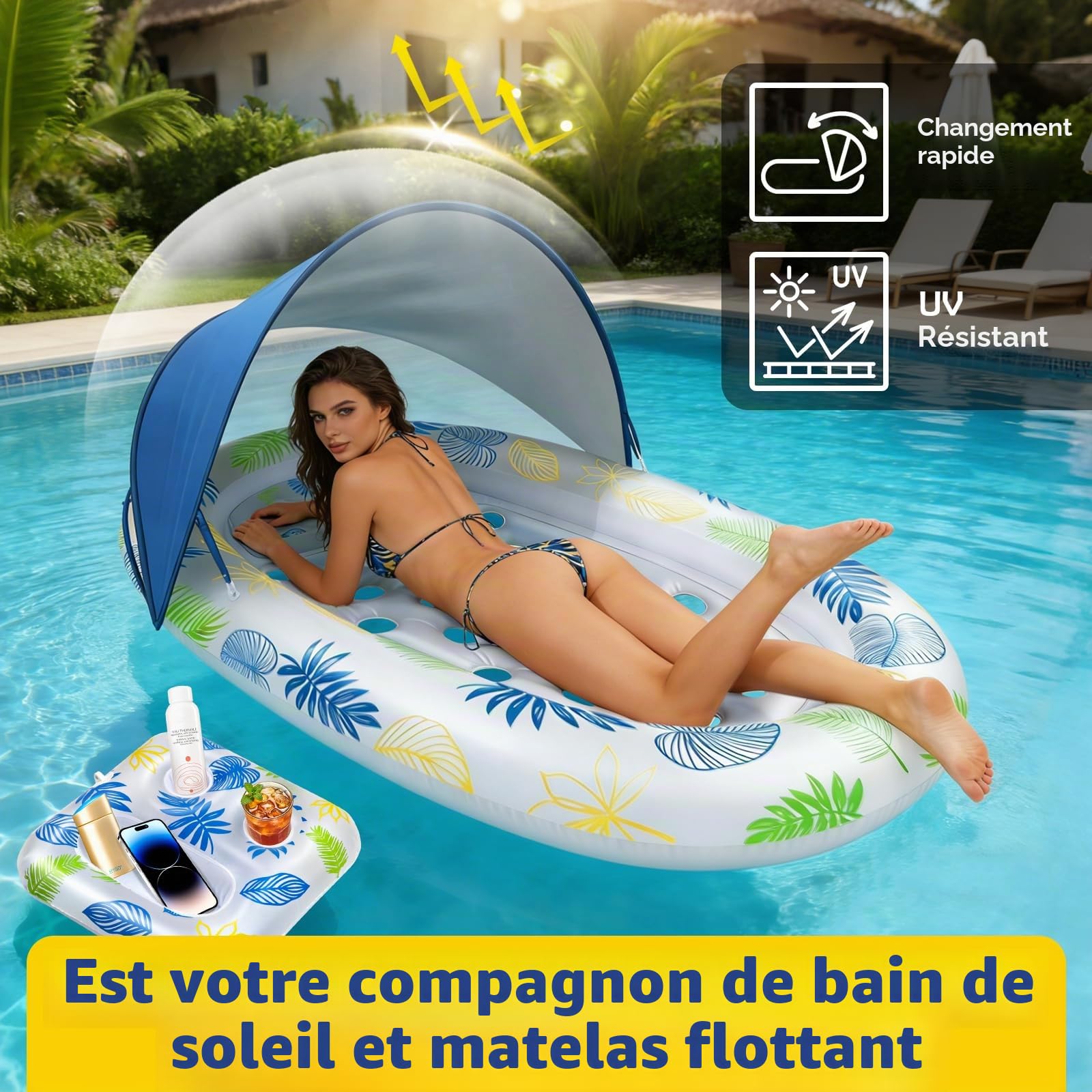 JONRRYIN Matelas Gonflable Piscine 180×110 cm, Tanning Pool pour Adultes avec Auvent Amovible et Effet Lumineux pour Fêtes de Plage et Piscine