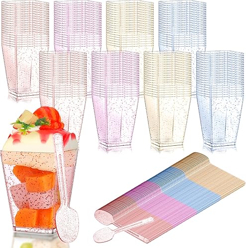 Paquete de 160 tazas de postre de plástico con purpurina surtida de 5 onzas con cucharas 160 tazas de postre cuadradas desechables surtidos y 160