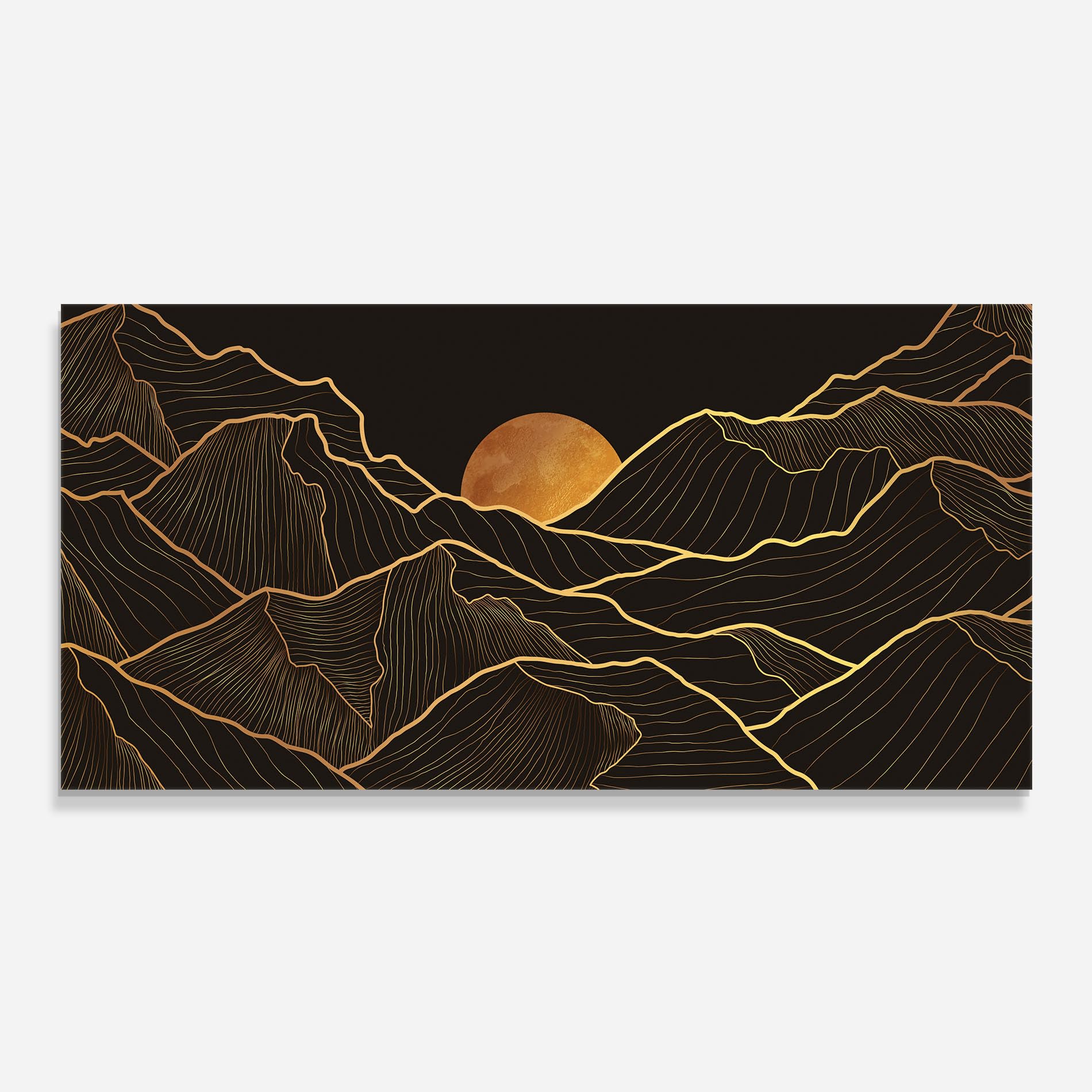 ARTHUB® Moderne impression sur verre 60x150 cm, 4mm verre trempé | Tableau en verre salon et chambre, Décoration murale moderne, Décoration intérieure, paysages, Black Gold Mountains