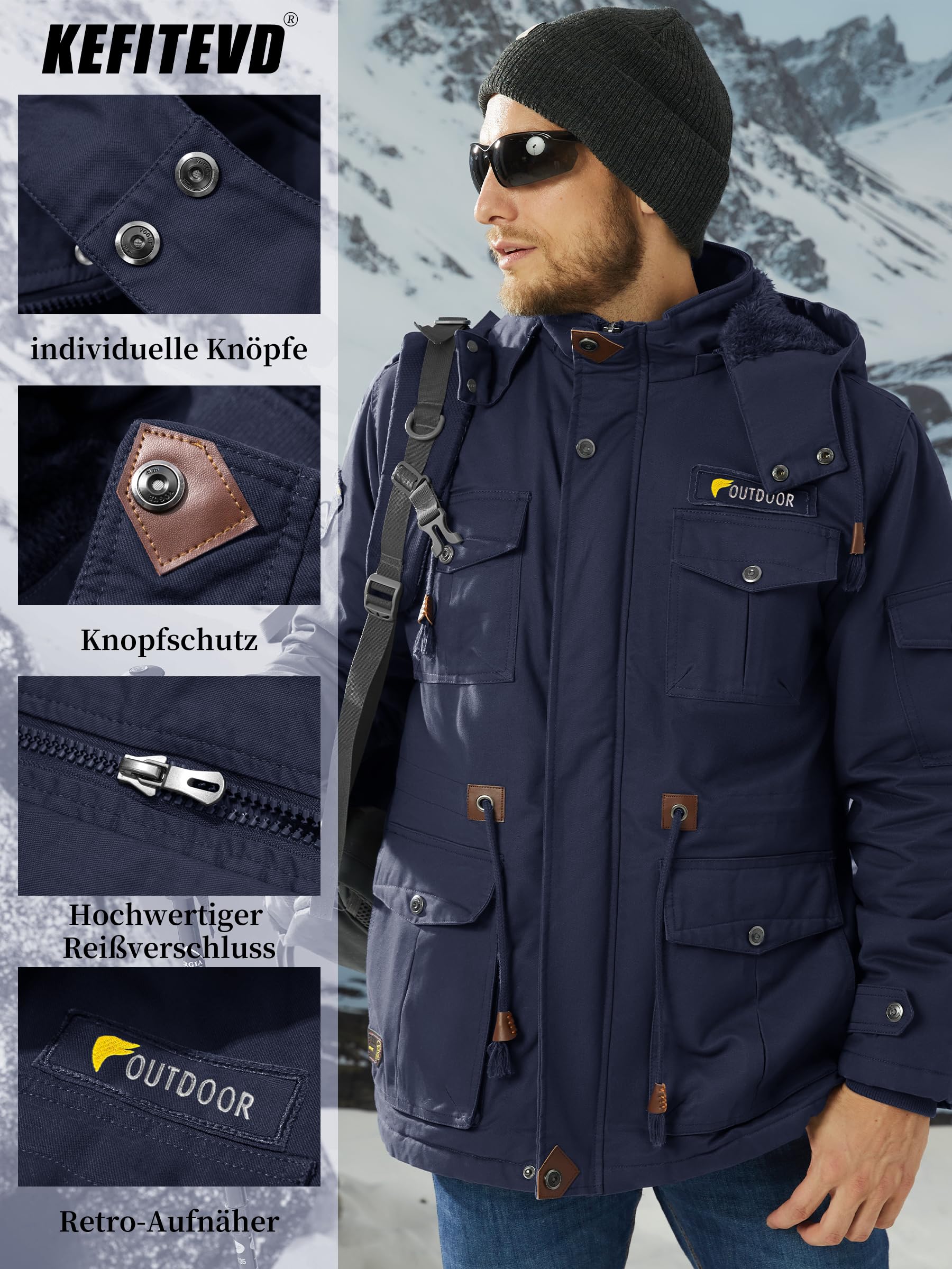 KEFITEVD Winterparka Herren Fleece Gefüttert Winterjacke mit Viele Taschen