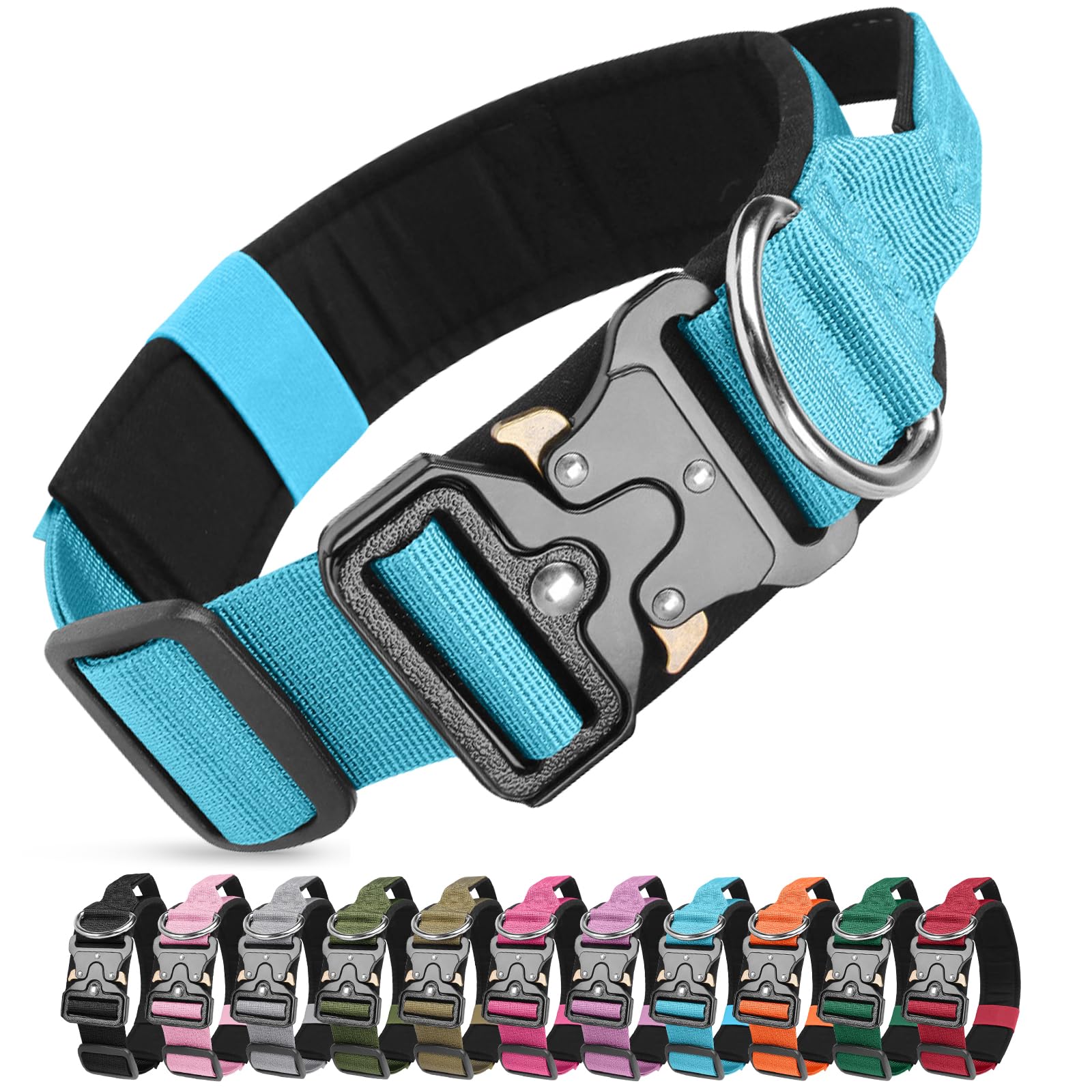 Ledeak Tactical Dog Collar, Military Nylon Adjustable Training Dog Collar with Heavy Duty Metal Buckle, Comfortable Pet Collars with Handle and Soft Padded for Medium Large Dogs (Blue, M)