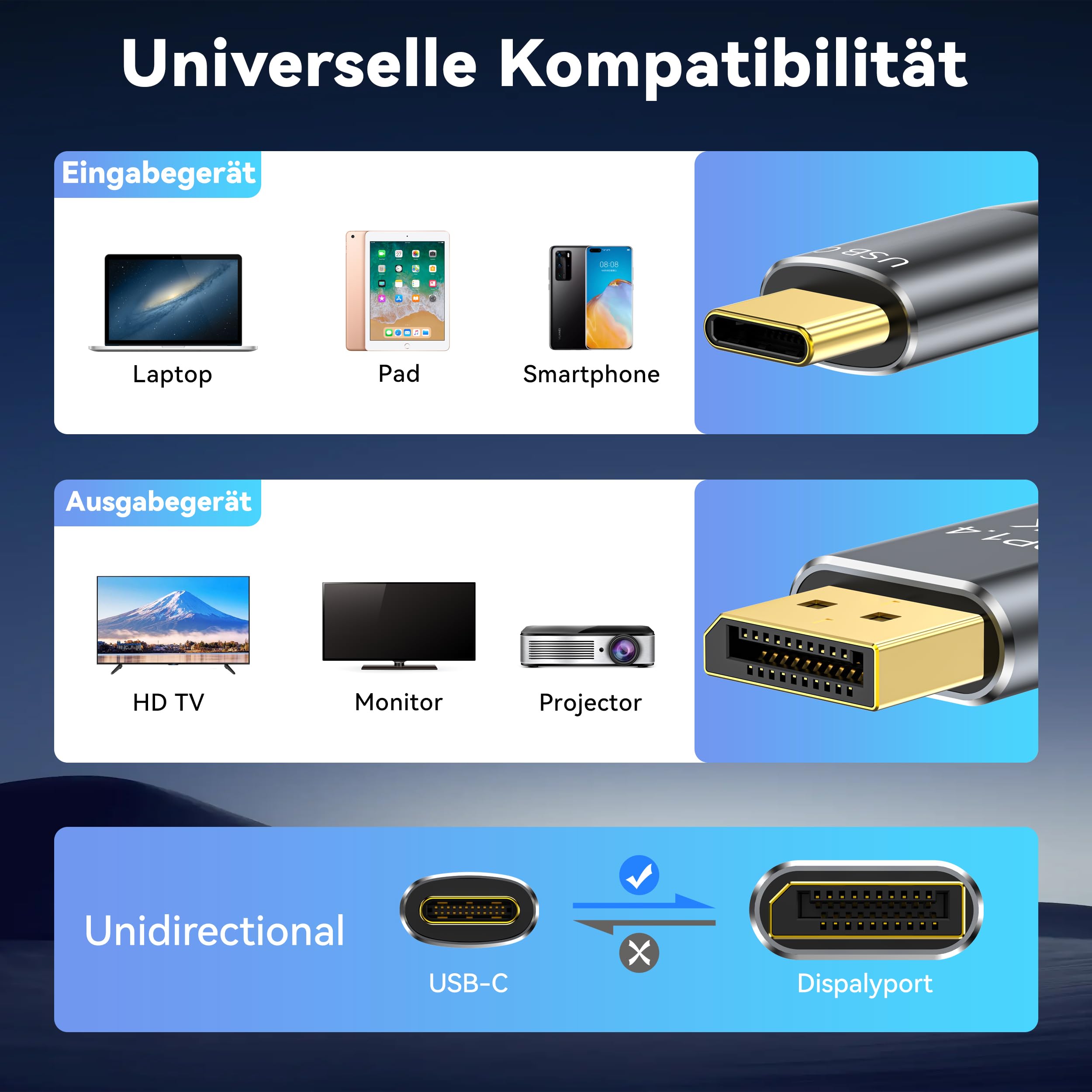 Przewód USB C Displayport 1.4 3M, 8K@60Hz 4K@240Hz/144Hz HDR VRR Thunderbolt 4 3 Przewód USB C na DisplayPort 1.4 dla iPhone 15 MacBook Pro Air M1 M2 iPad Pro Air 5 Surface Pro 8 Galaxy S23