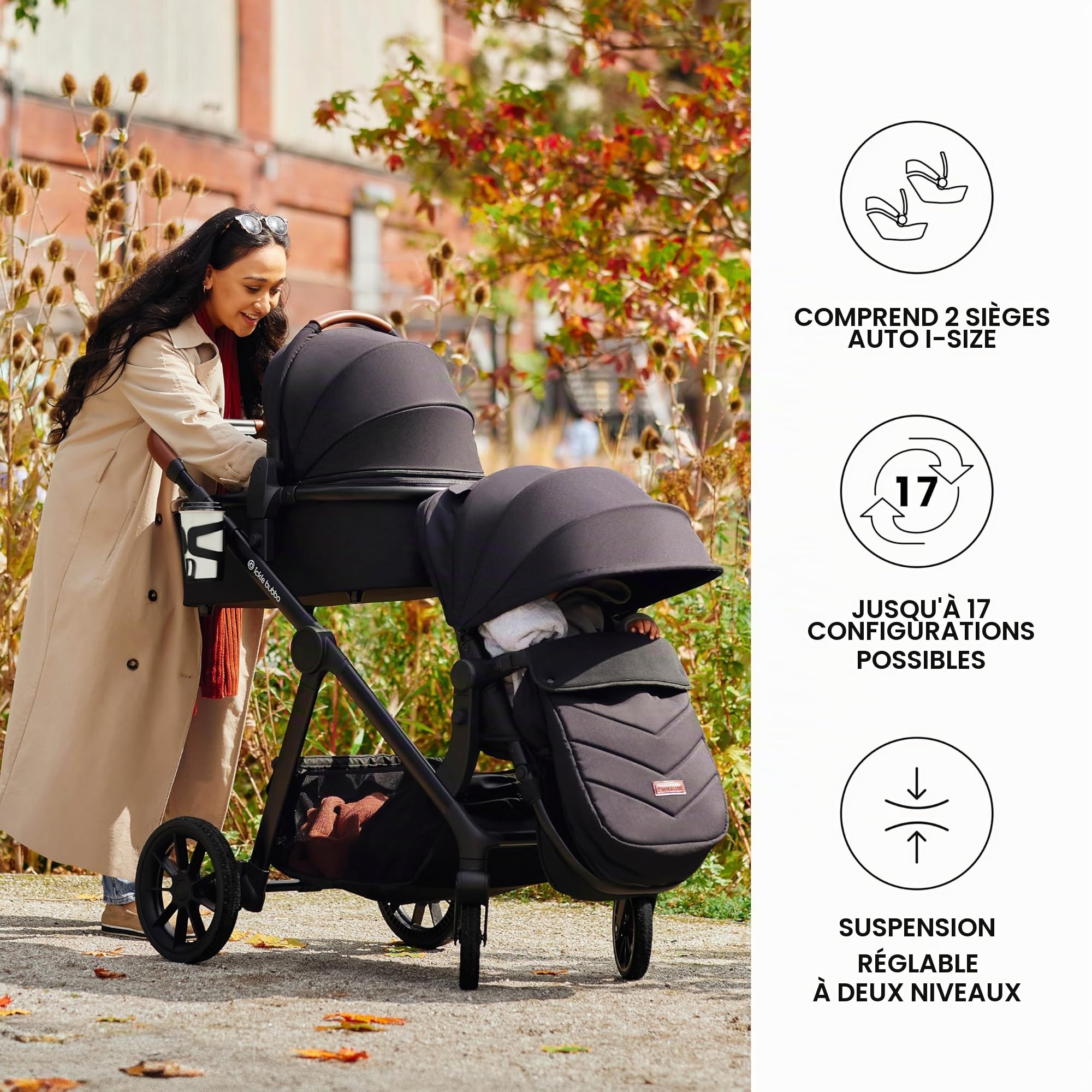Système de voyage Ickle Bubba Virgo Twin 18 pièces avec sièges auto i-Size Cirrus et base ISOFIX, adapté de la naissance à 15 mois – poussette tandem et accessoires (Noir)