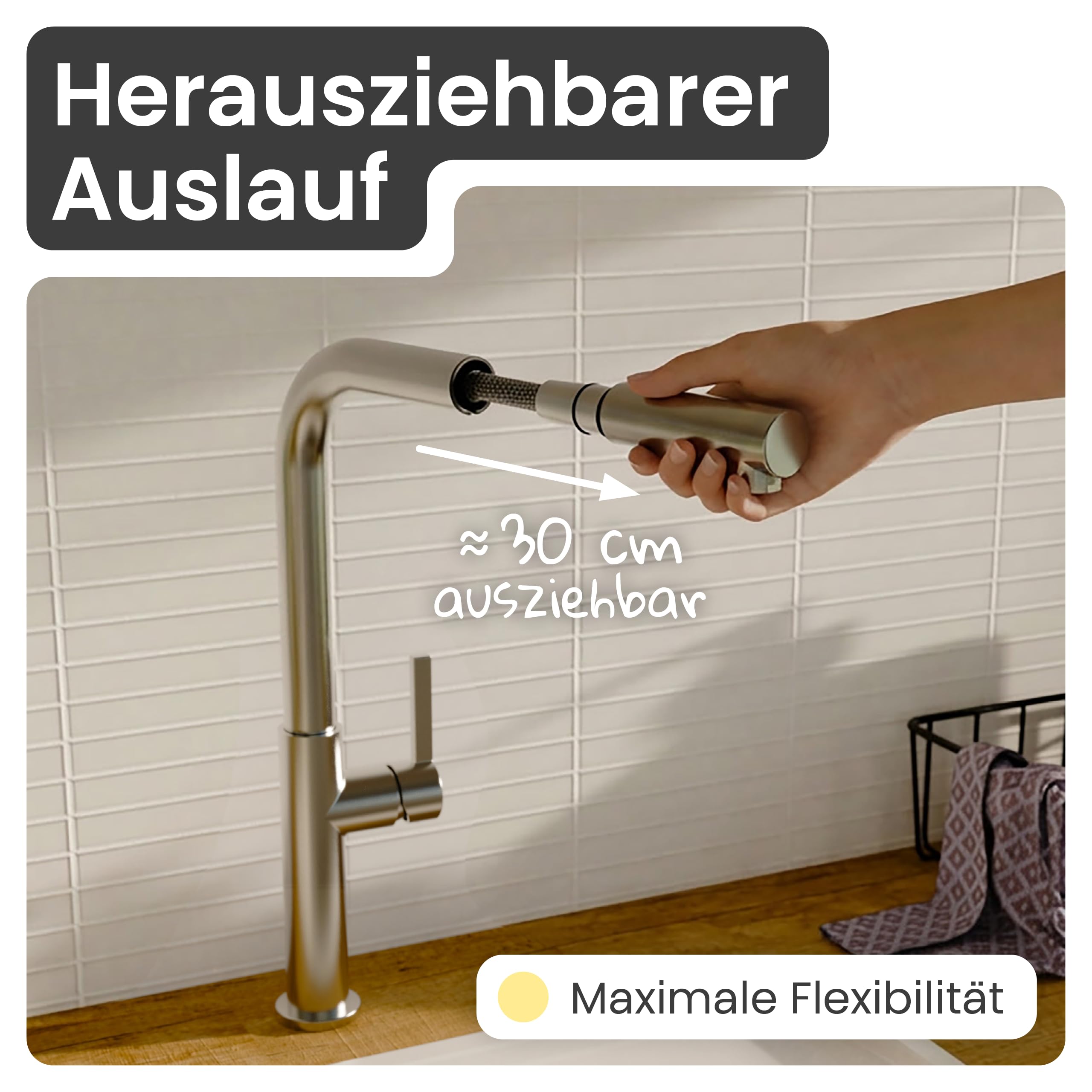Küchenarmatur | Wasserhahn Küche | Mischbatterie | mit herausziehbarem Auslauf | Edelstahl | 360° schwenkbar | instmaier Cassia |