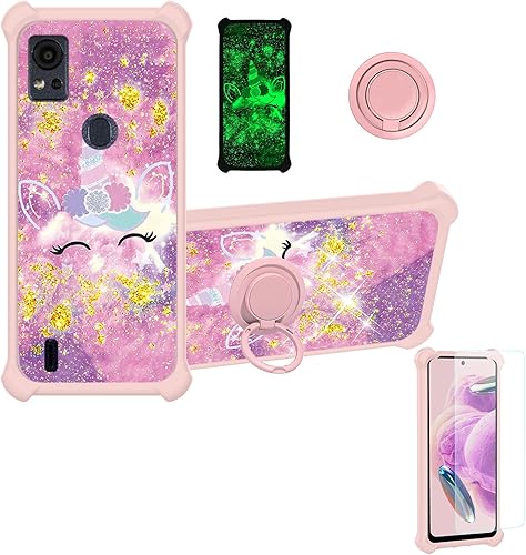 Miniatura 252 de Cricket Debut S2 - Funda compatible con AT&T Calypso 4 U380AC U380AA con protector de pantalla de vidrio templado, soporte de anillo, purpurina