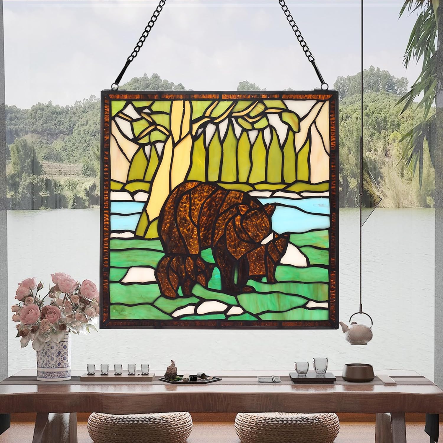 bwkoiujes Stained Glass Window Hanging 12" Square Tiffany Animal Style 3 Brown Bears Suncatcher Wall Decor Art Panel Includes 20" Chain and Hooks The Perfect Housewarming Gift