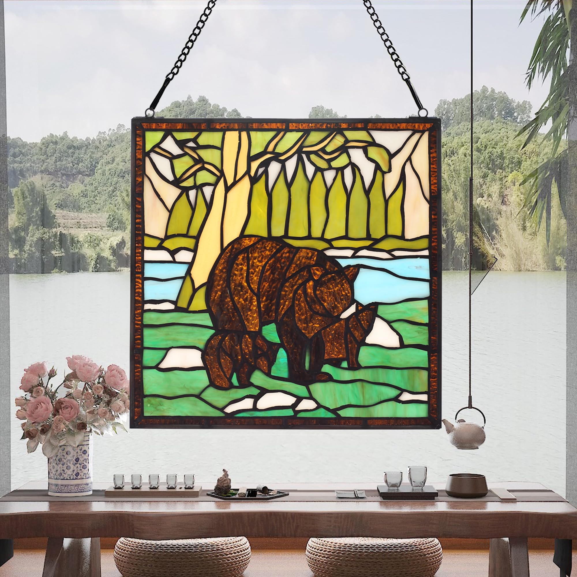 bwkoiujes Buntglas-Fensterbehang, 30,5 cm, quadratisch, Tiffany-Tier-Stil, 3 braune Bären, Sonnenfänger, Wanddekoration, Kunst-Panel, inklusive 50,8 cm Kette und Haken, das perfekte Geschenk zum