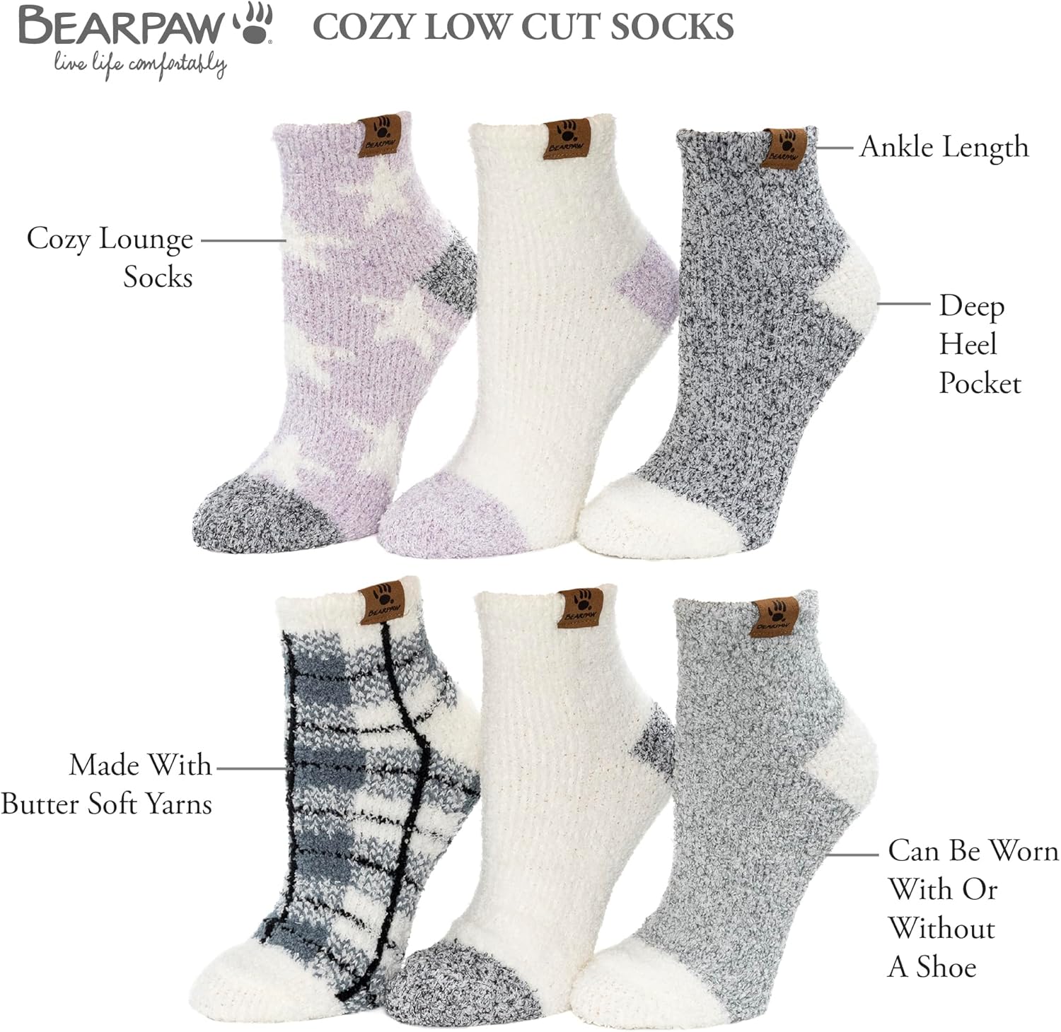 BEARPAW Ladies 6 Pair Pack Cozy Super Soft Warm Lounge Socks Multi Color Patterned Ankle and Low Cut Packs - Image 6