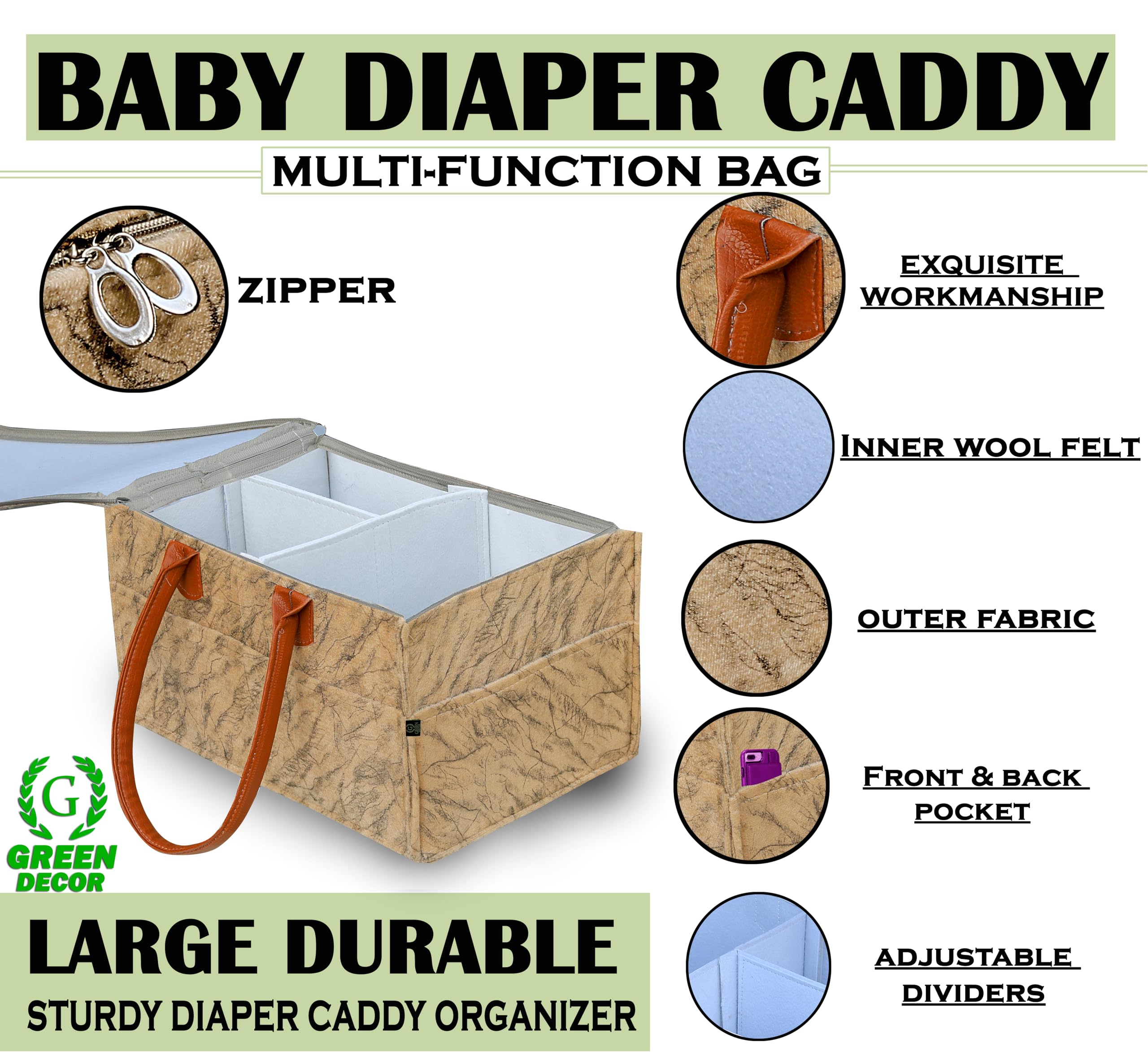 GREEN DECOR - Heavy Duty 400 GSM Non Woven Fabric Cute Diaper Caddy Bag with Handles & Zip Lock for Smart Mothers Baby Wipes Felt Storage Organizers,Foldable and Portable (Marble Sepia-18X12X9 Inch) 1