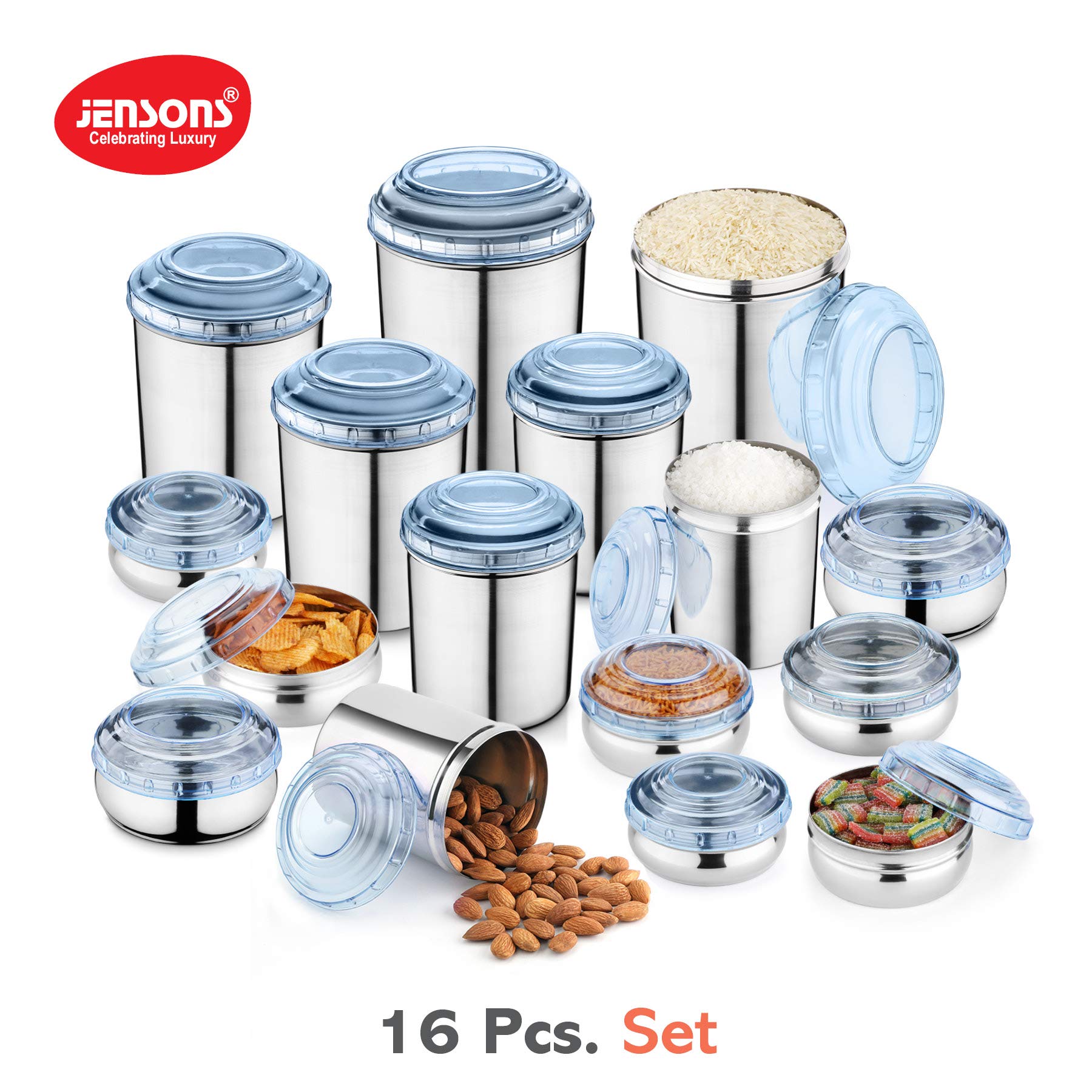 JENSONS - JEN-CB16-B-040 16 PCS Stainless Steel Canister Set (8) & Belly Storage Set (8) with Blue PC lids -8+8=16 Pcs Set