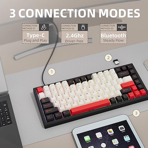 Miniatura 2 de KEYCOOL Teclado inalámbrico 75% para juegos RGB triple modo teclado mecánico intercambiable en caliente, teclas PBT Junta Teclado personalizado