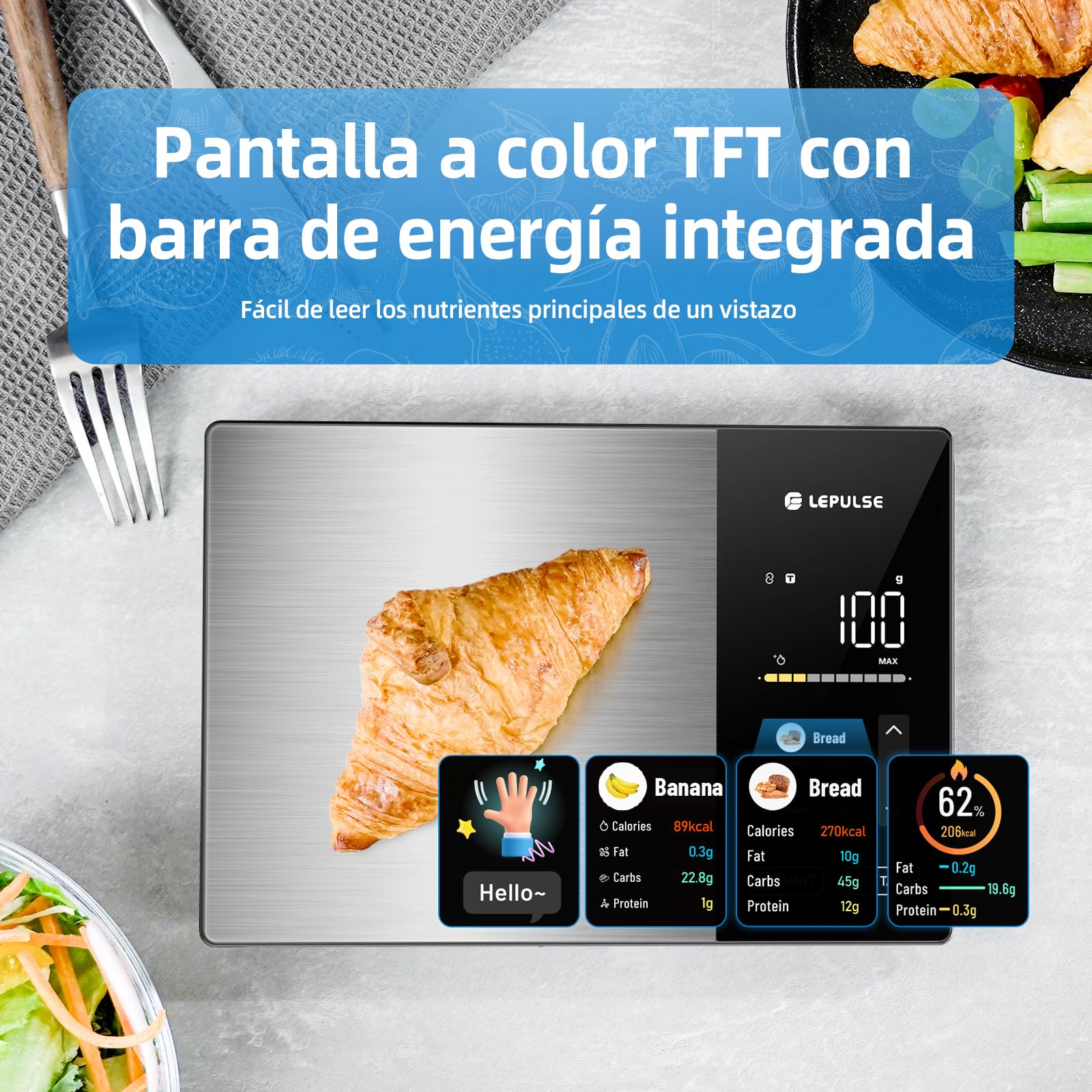 Báscula digital de cocina con cálculo nutricional, báscula de alimentos con 24 análisis nutricionales, báscula nutricional de acero inoxidable de 5 kg, pantalla TFT a color, 50 offline y análisis de