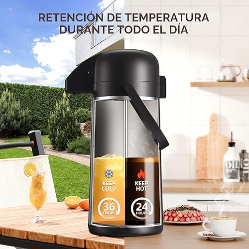 Miniatura 4 de Jarra de café para mantener el calor – Dispensador de café Airpot de 102 onzas / 3 L con bomba – Termo de café grande para bebidas calientes, té